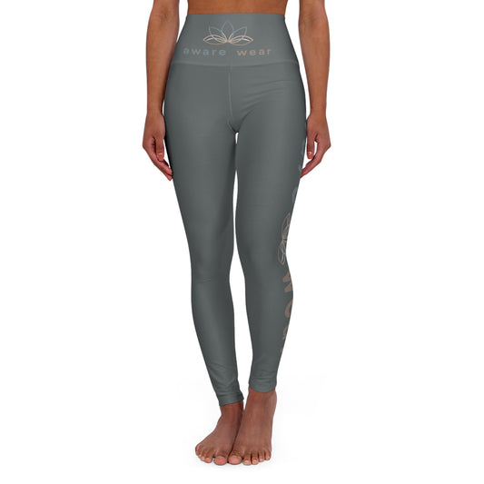 grey yoga leggings worn by a person on a white background front view