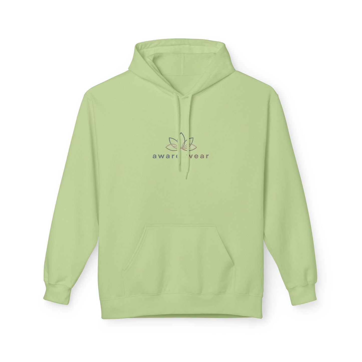 Light green hoodie with 'Aware Wear' logo on a white background front view