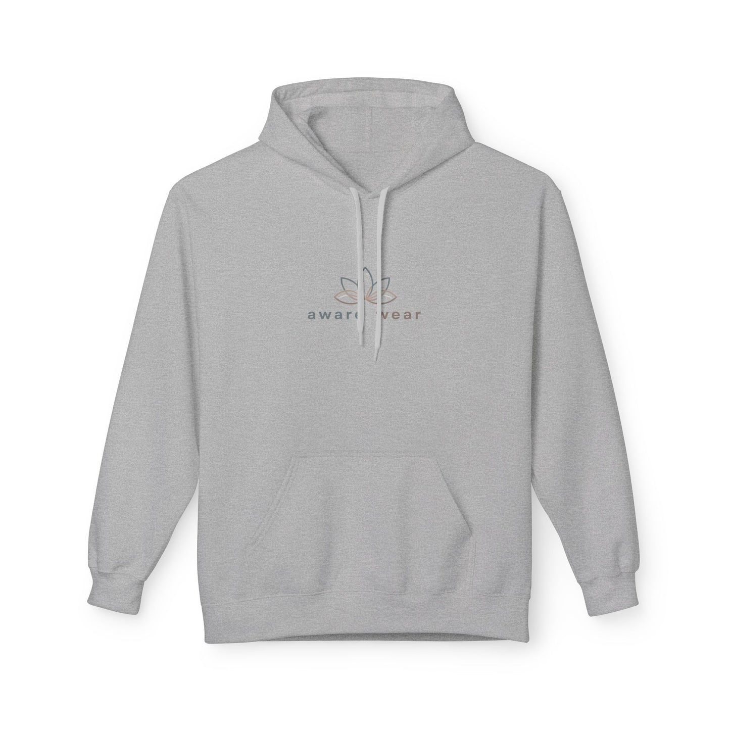 Grey hoodie with aware wear brand logo on white background front view