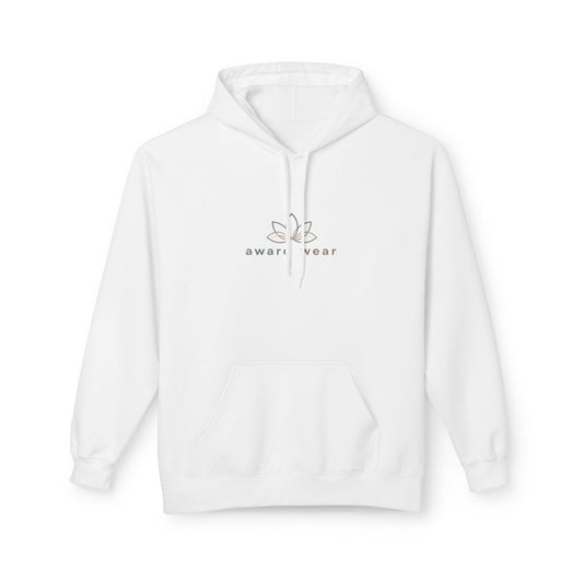 White hoodie with a brand logo on a white background front view
