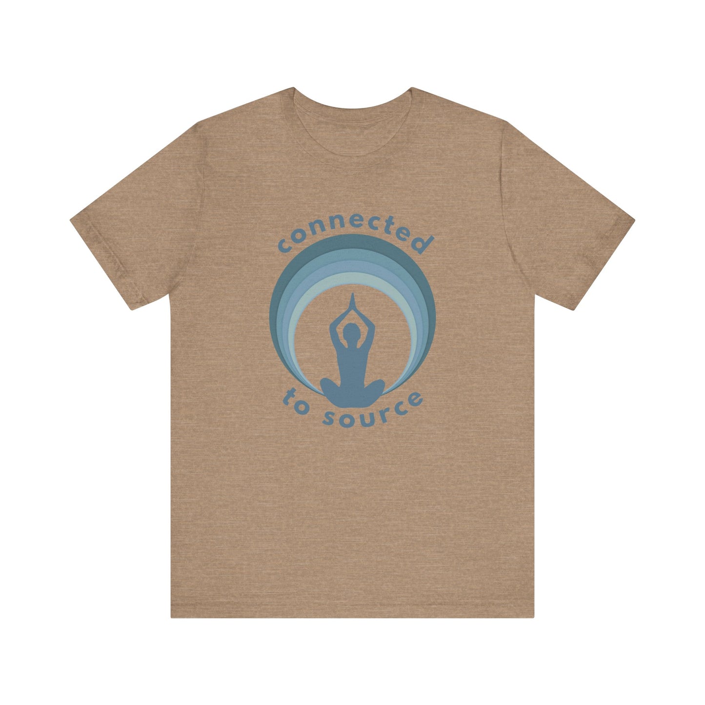 Brown t-shirt with blue graphic and text 'connected to source' on a white background front view