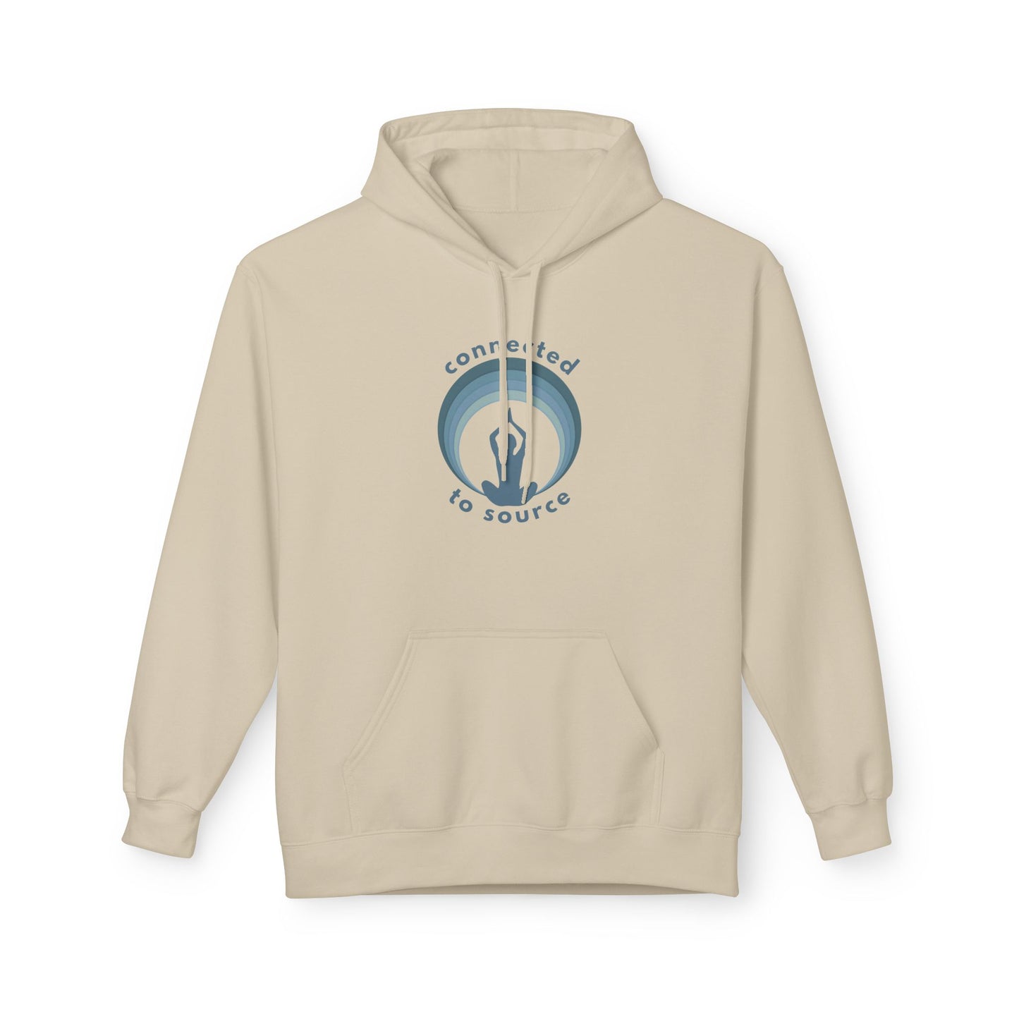 Beige hoodie with a blue circular logo on a white background front view