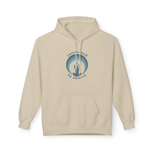 Beige hoodie with a blue circular logo on a white background front view