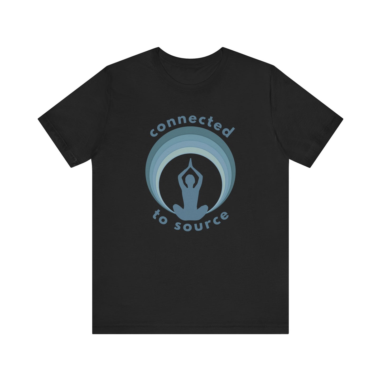 Black t-shirt with 'connected to source' design on a white background front view