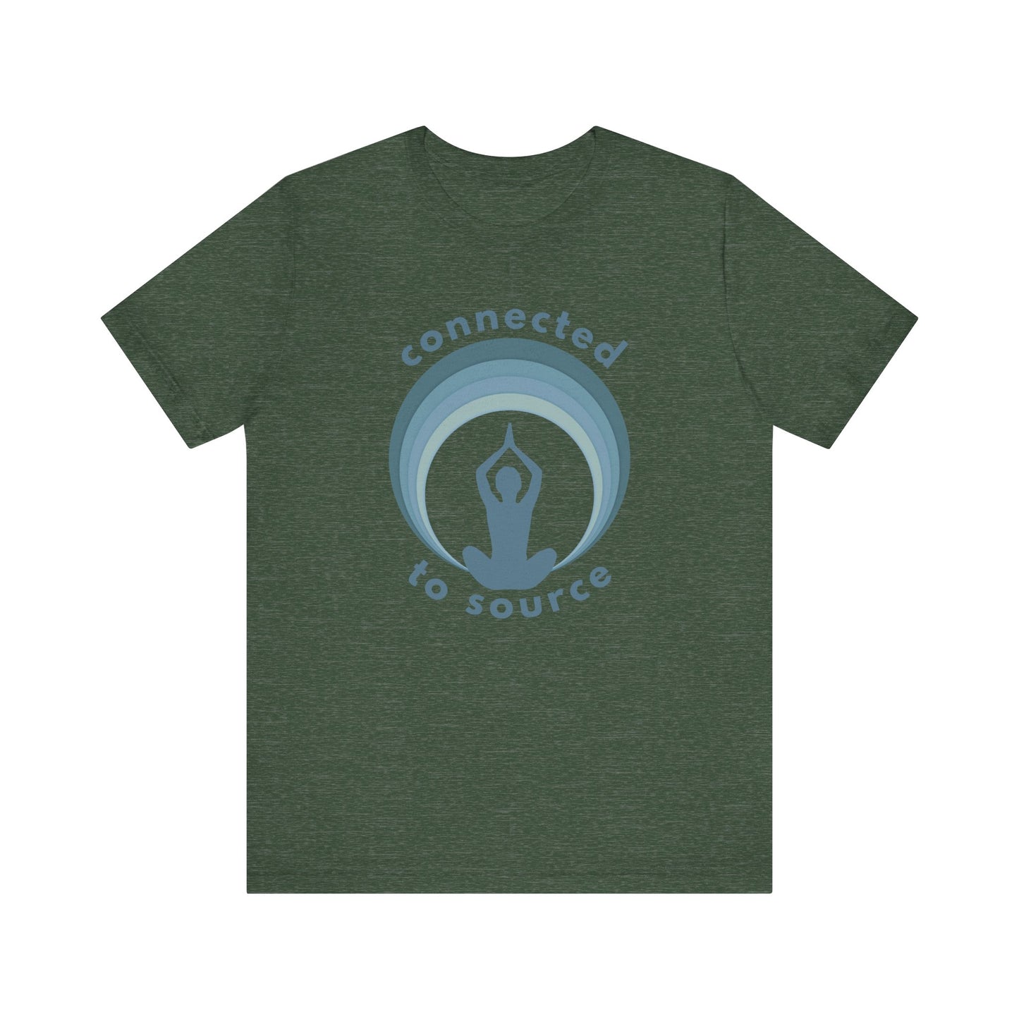 Green t-shirt with 'connected to source' design on a white background front view