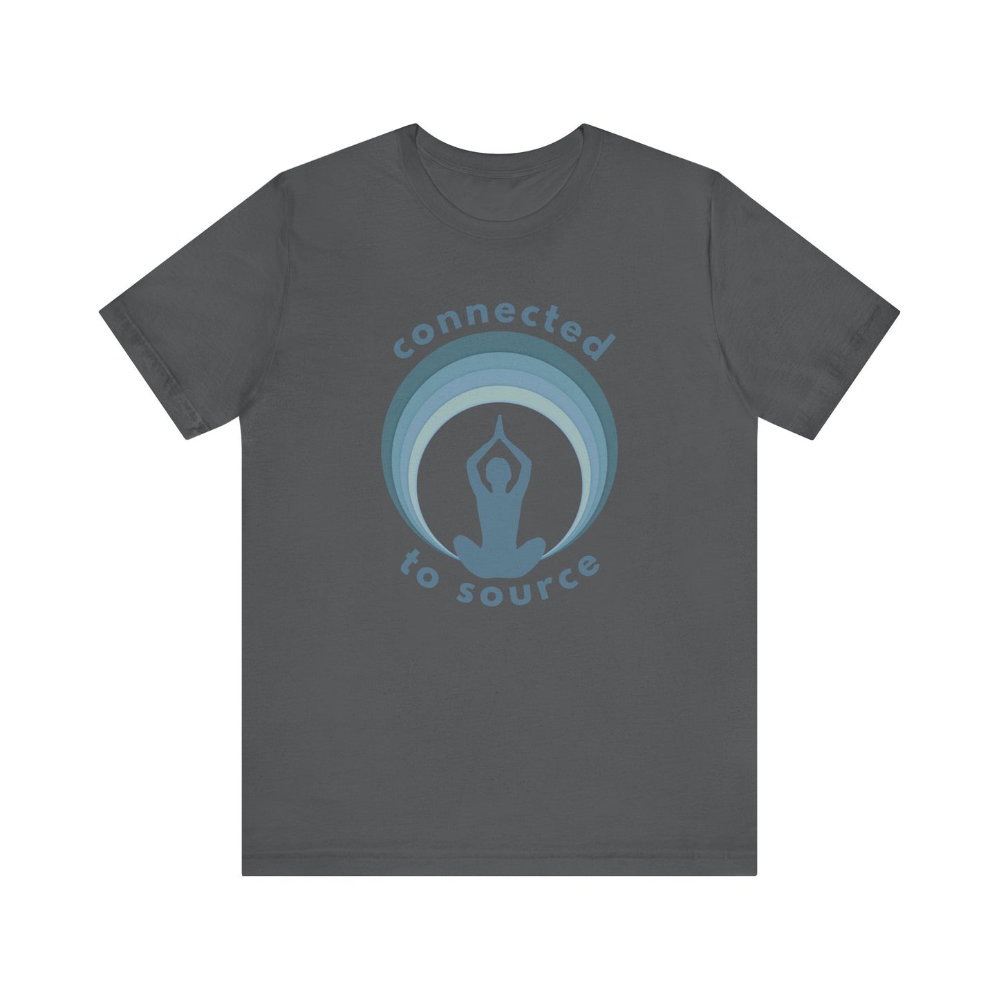 Gray t-shirt with blue graphic and text 'connected to source' on a white background front view
