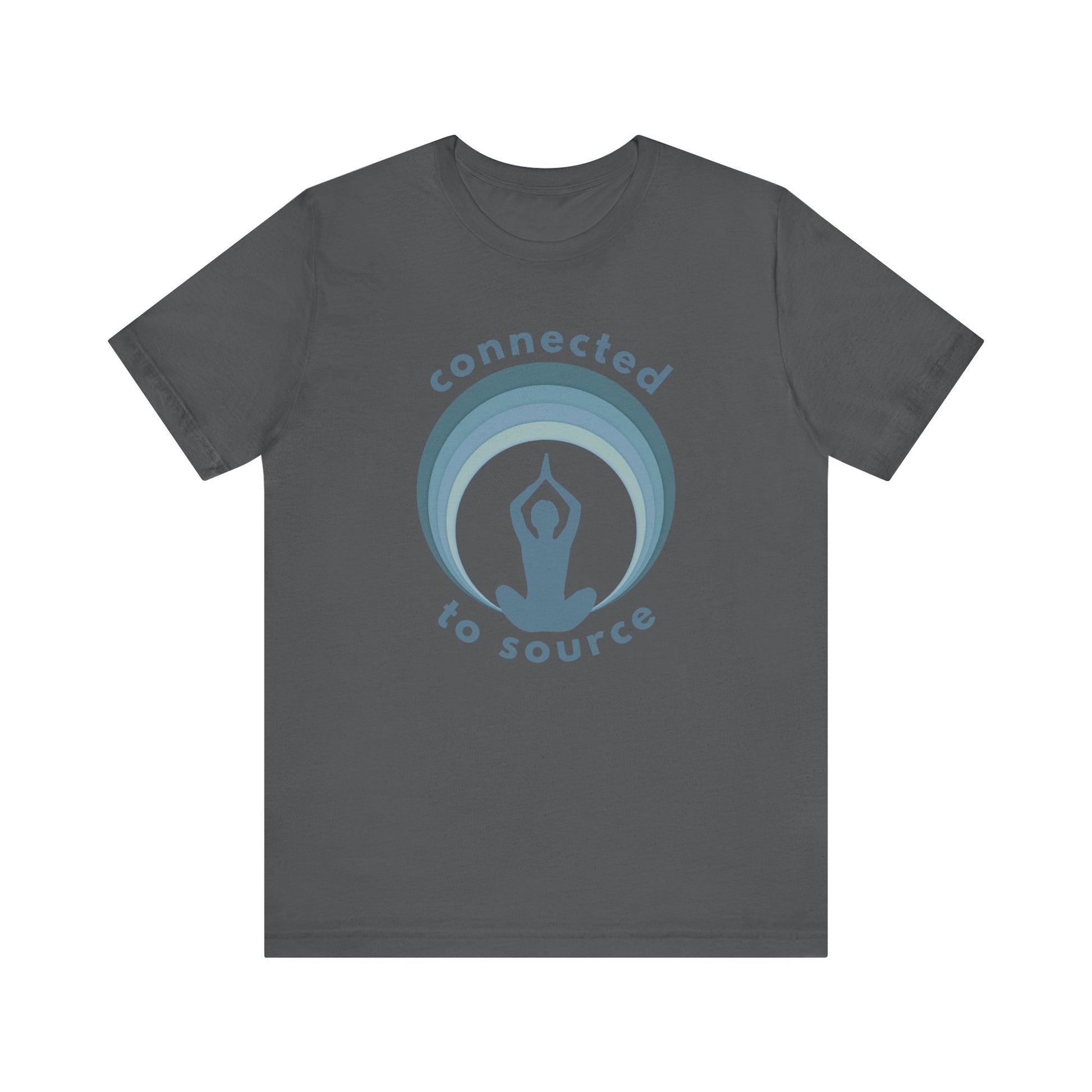 Gray t-shirt with blue graphic and text 'connected to source' on a white background front view