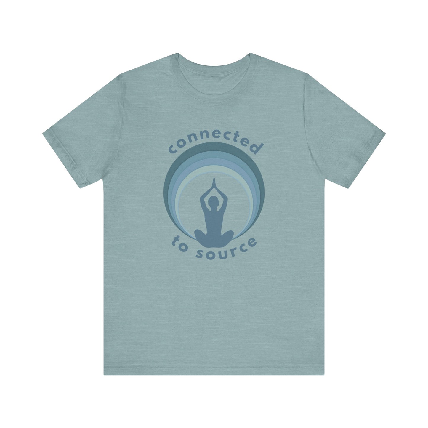 Light blue t-shirt with 'connected to source' design on a white background front view