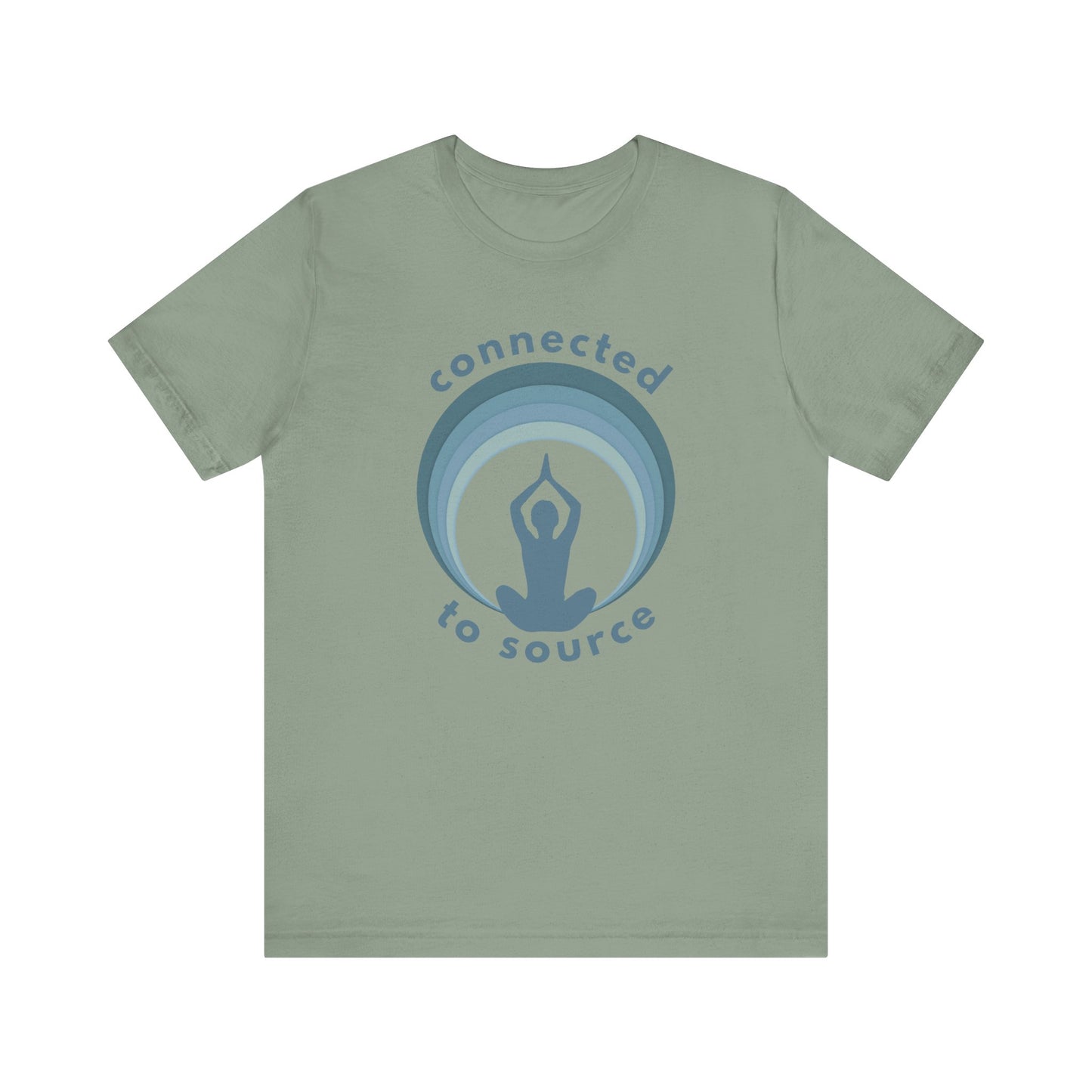 Green t-shirt with a blue graphic and text 'connected to source' on a white background front view