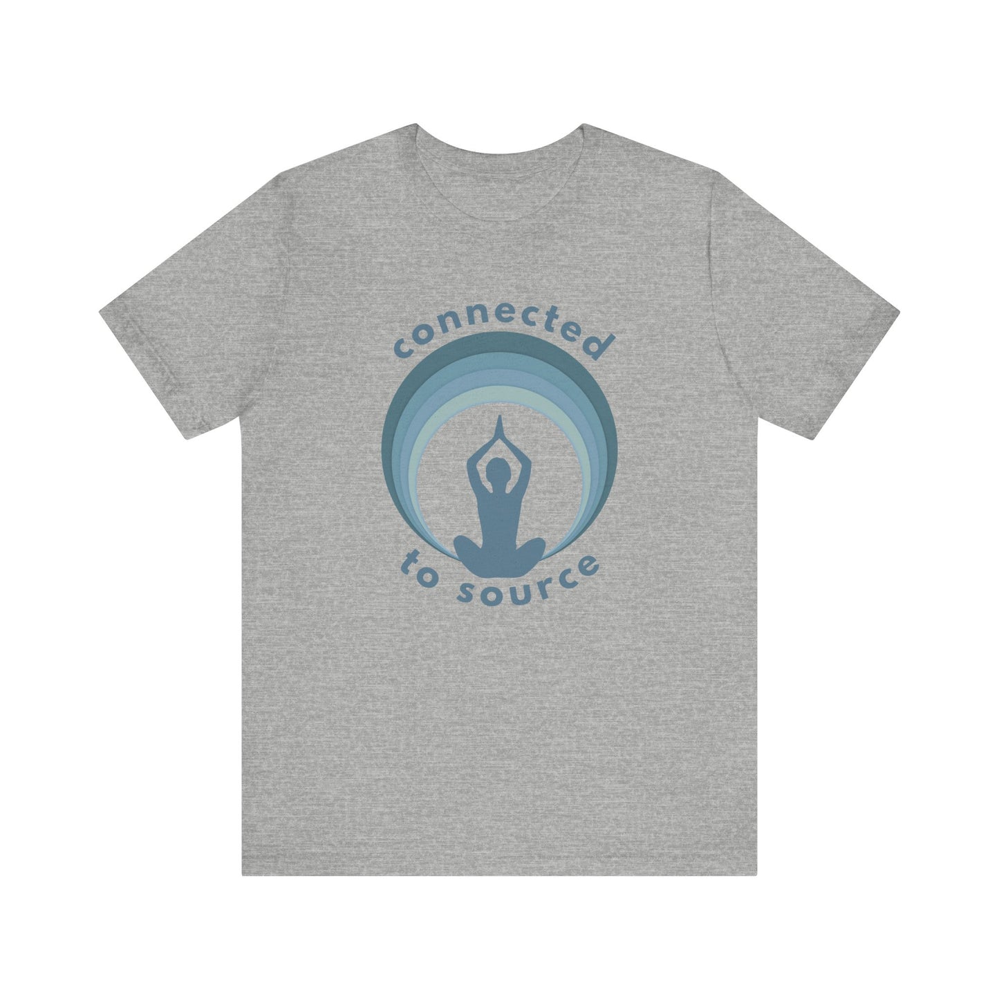 Grey t-shirt with 'connected to source' design on a white background front view