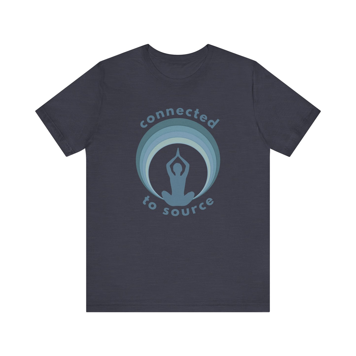 Navy blue t-shirt with 'connected to source' design on a white background front view