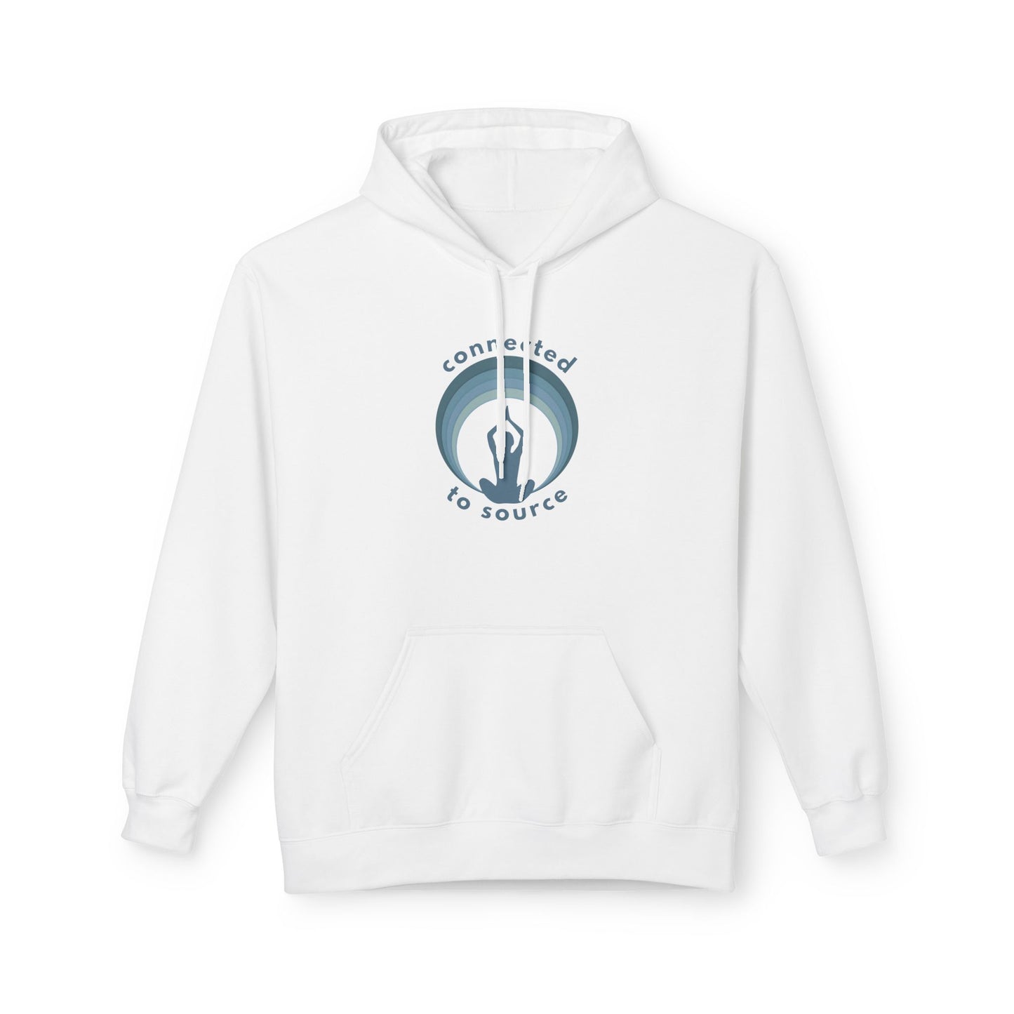 White hoodie with a logo on the chest against a white background front view