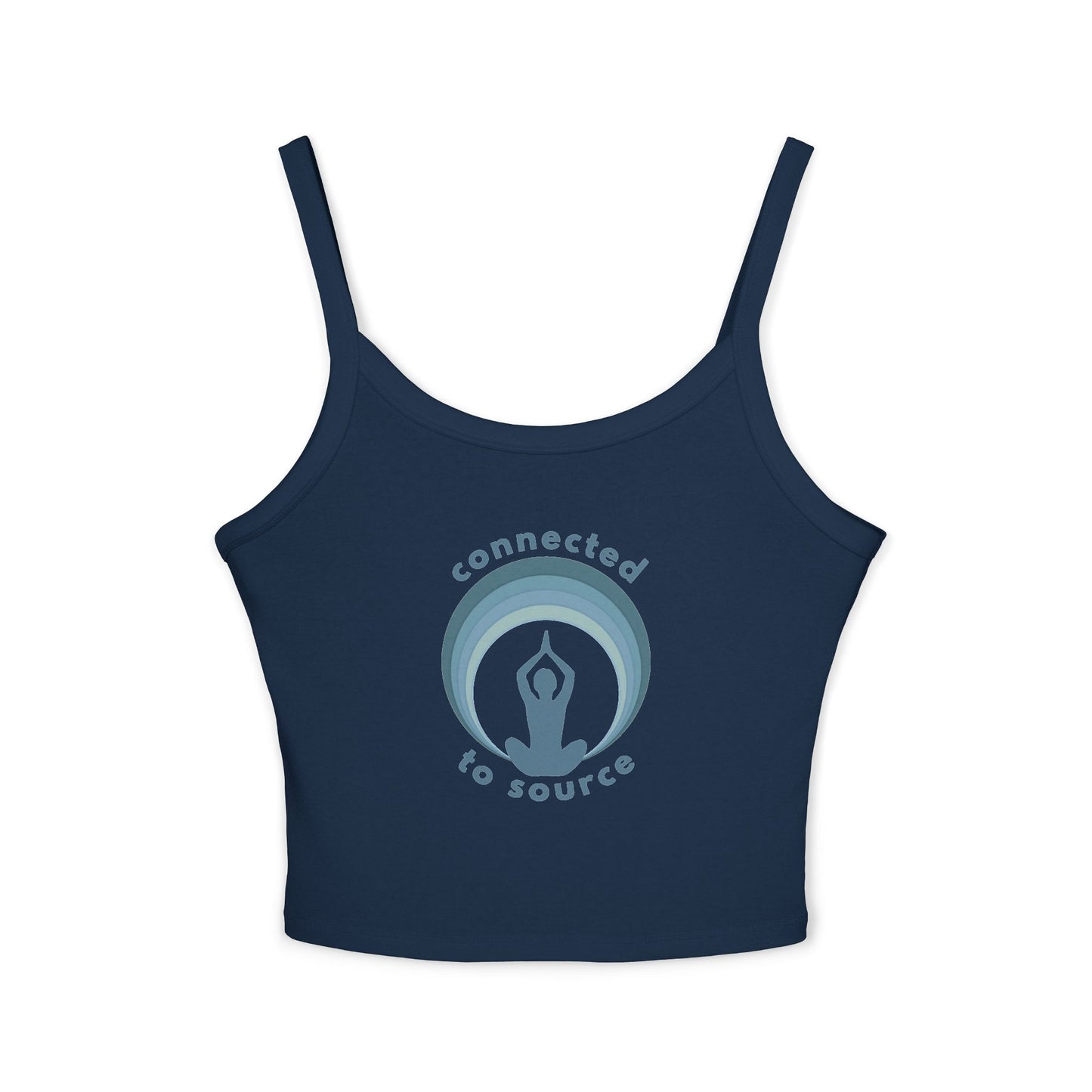Navy blue tank top with 'connected to source' logo on a white background front view