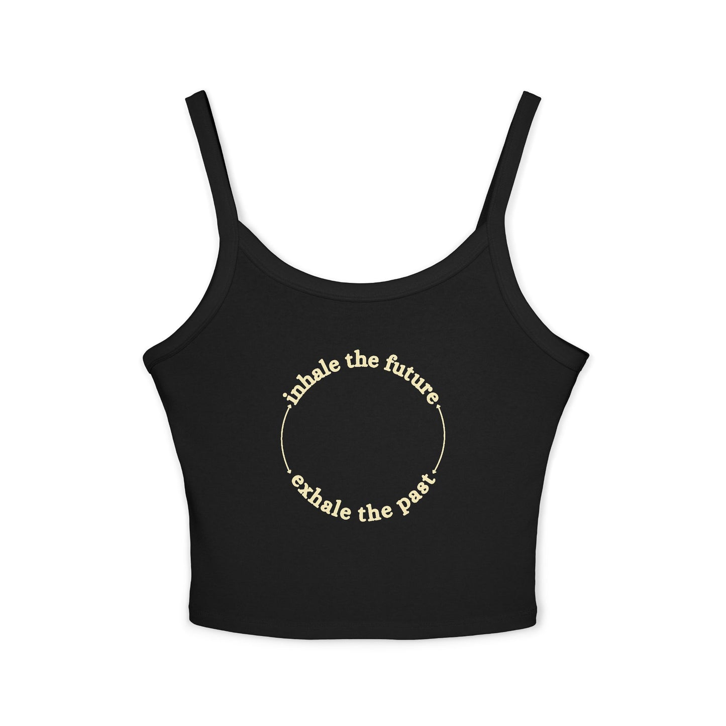 Black tank top with motivational text on a white background front view