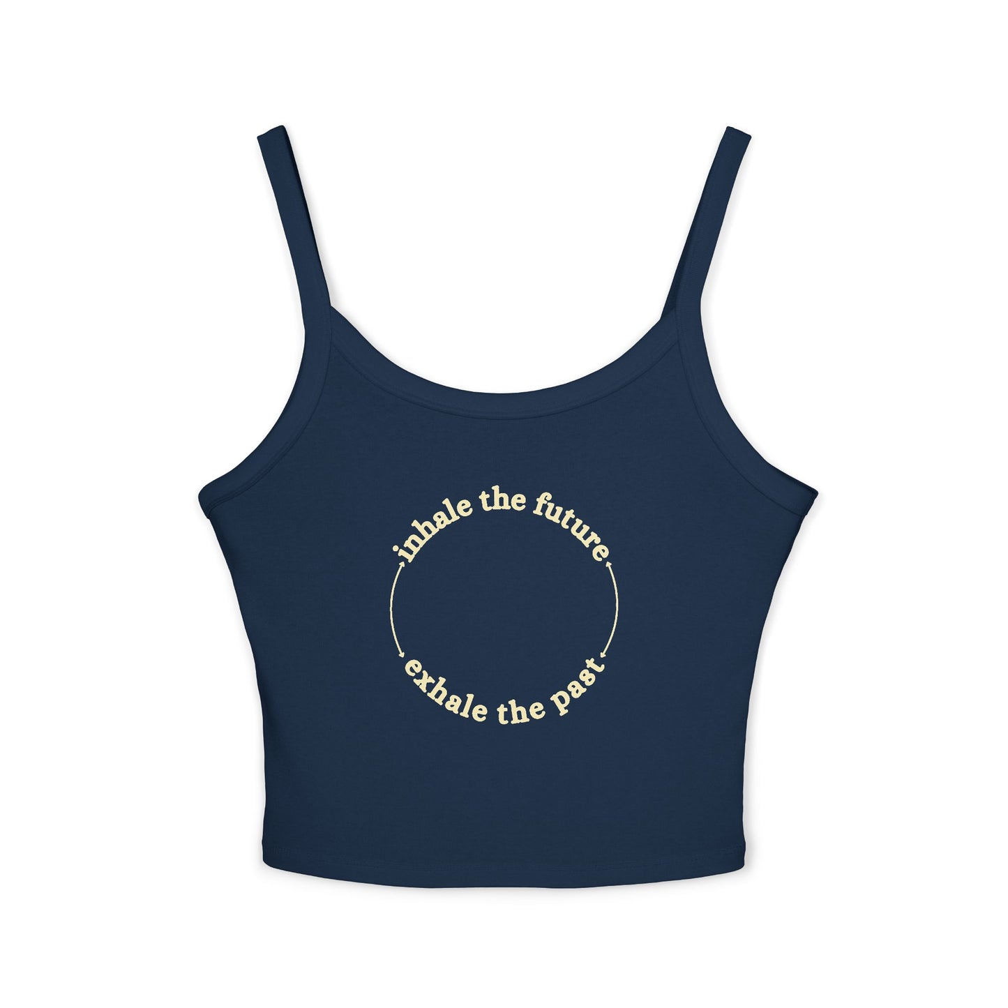 Navy blue tank top with motivational text on a white background front view