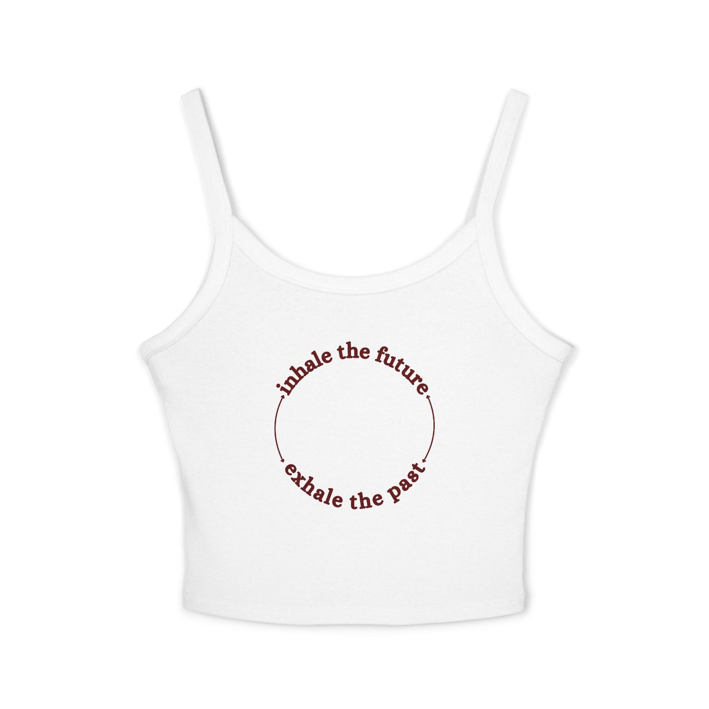 White tank top with text 'inhale the future, exhale the past' on a white background front view