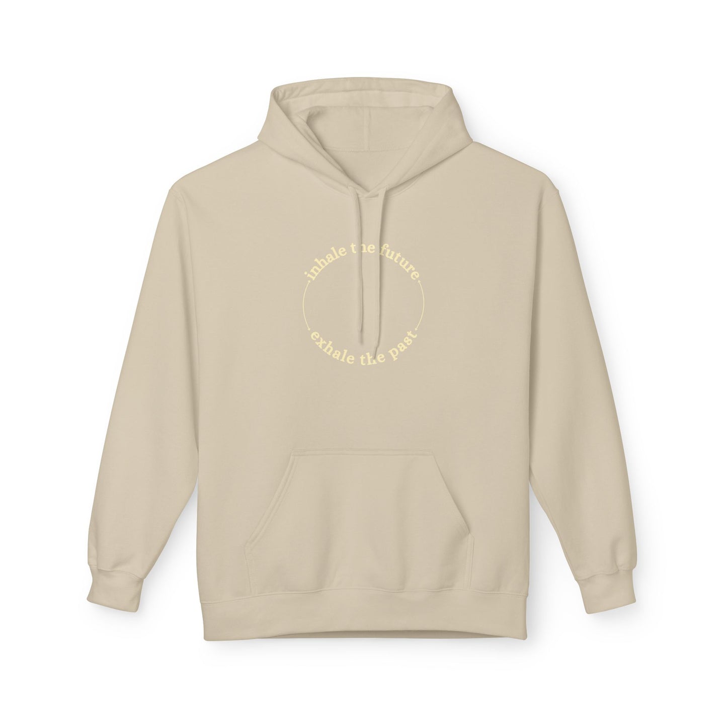Beige hoodie with text on a white background front view