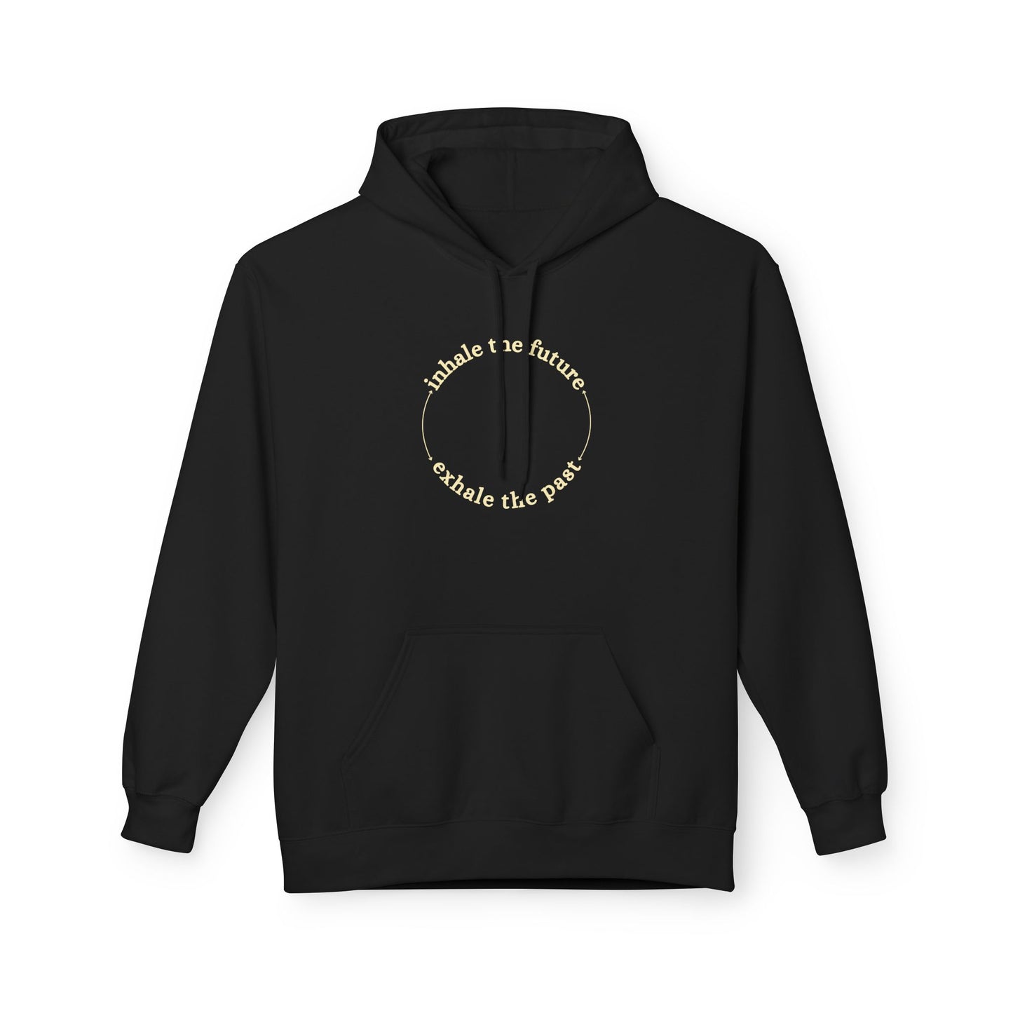 Black hoodie with text design on a white background front view