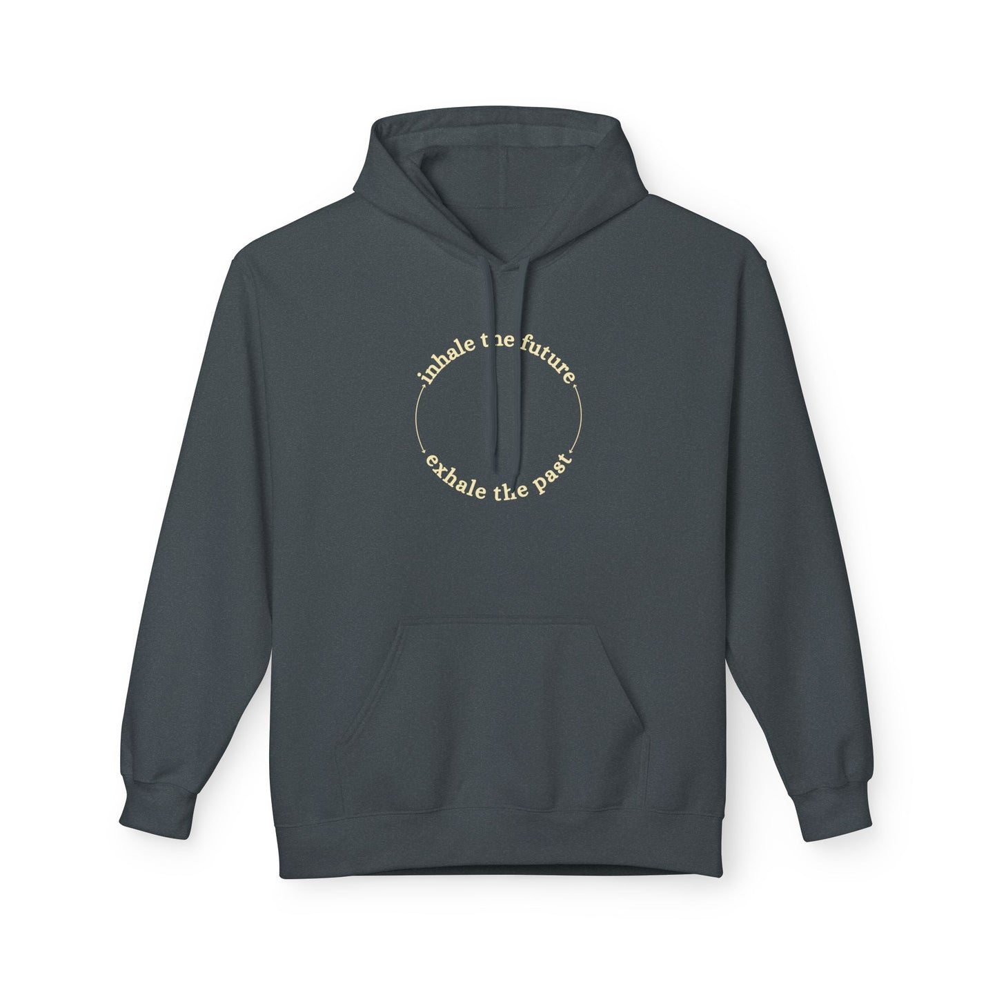 Dark grey hoodie with text design on a white background front view
