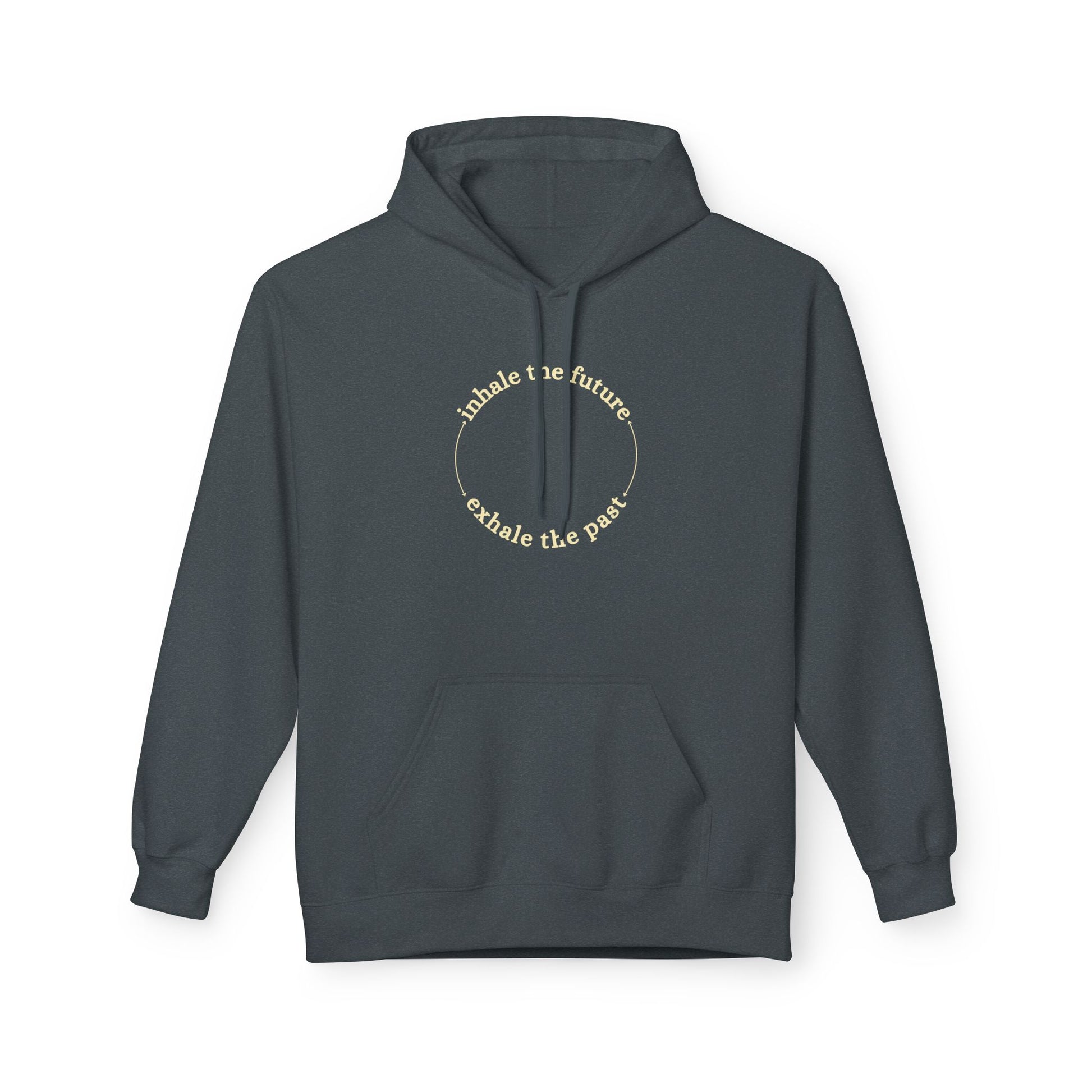 Dark grey hoodie with text design on a white background front view