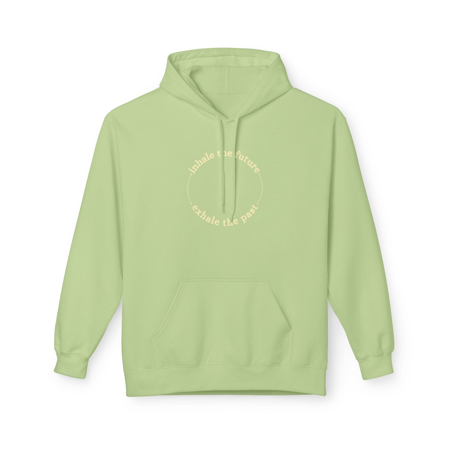 Light green hoodie with text design on a white background front view