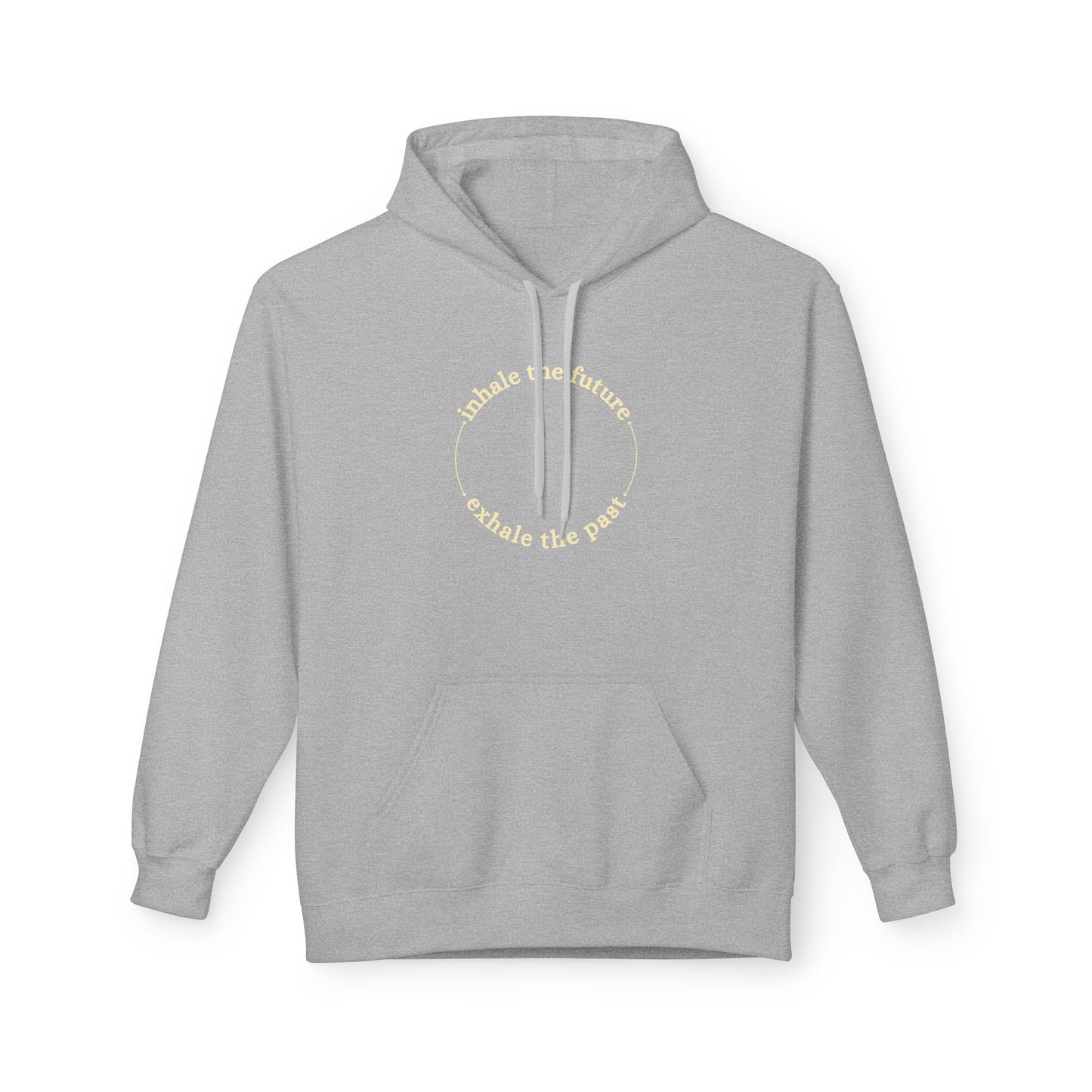 Grey hoodie with text on the chest against a white background