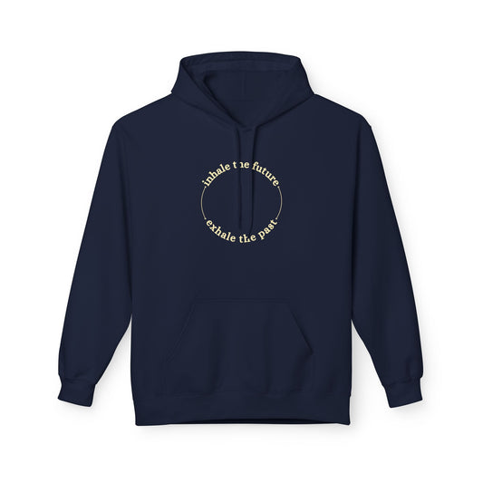 Navy blue hoodie with text design on a white background front view