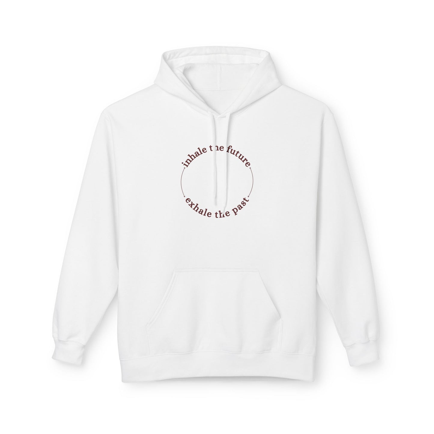 white hoodie with text design on white background front view