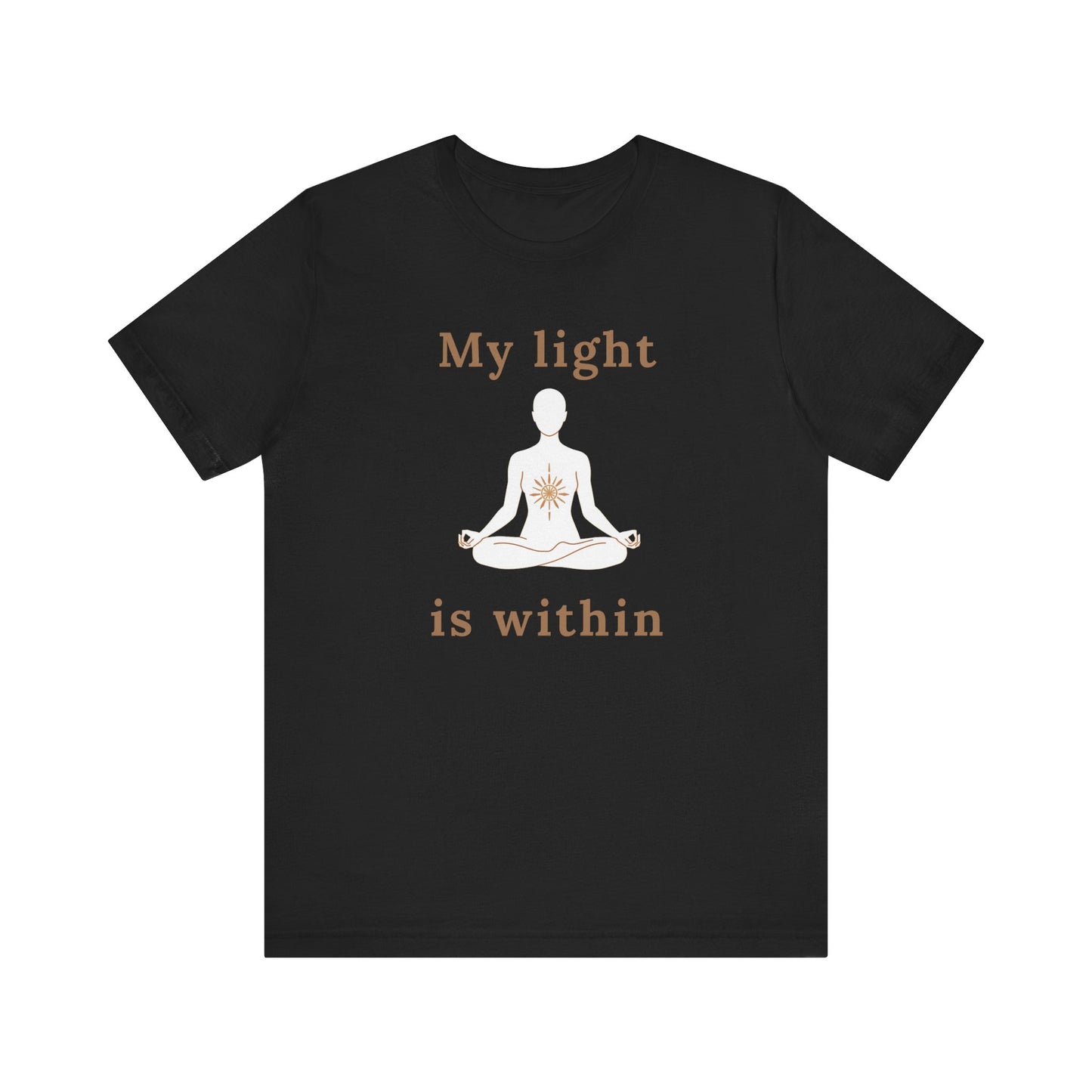 Black t-shirt with a meditation graphic and 'My light is within' text on a white background front view
