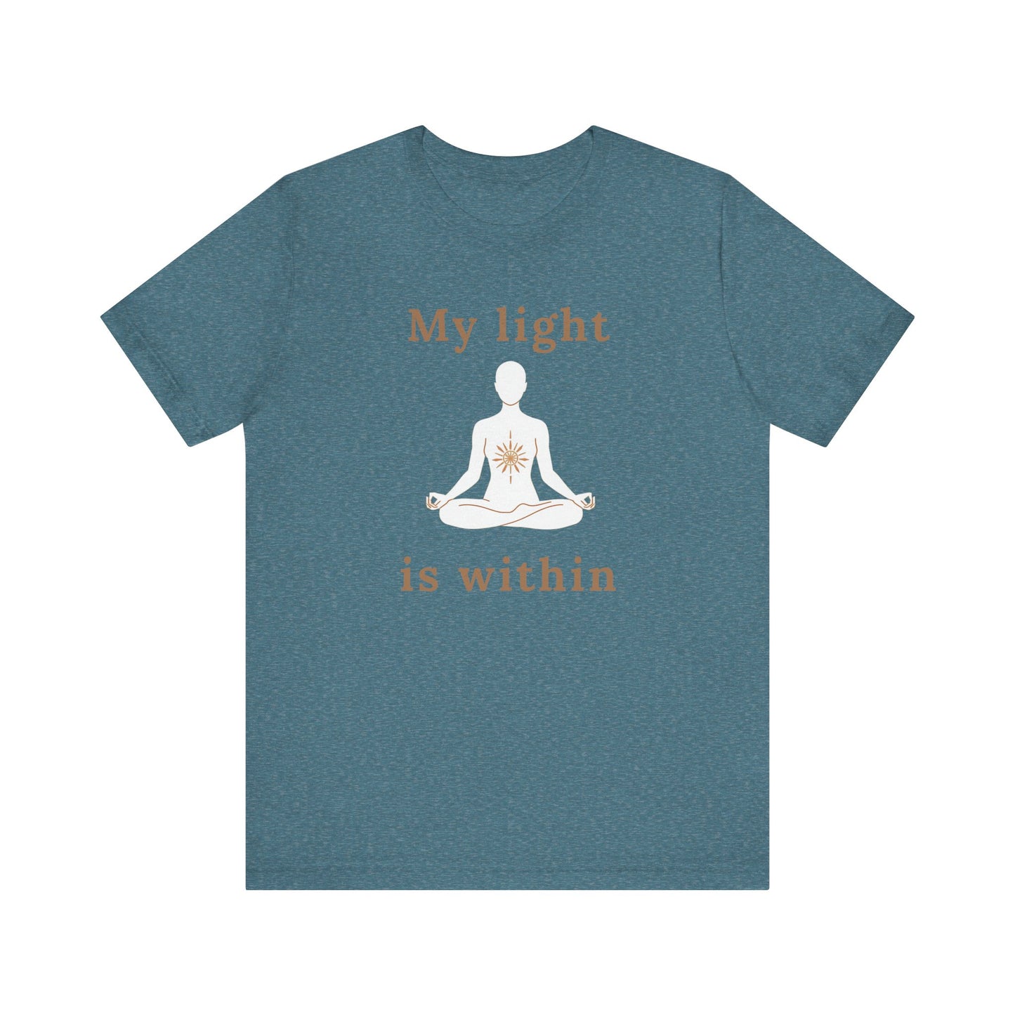 Blue t-shirt with a meditation graphic and text 'My light is within' on a white background front view