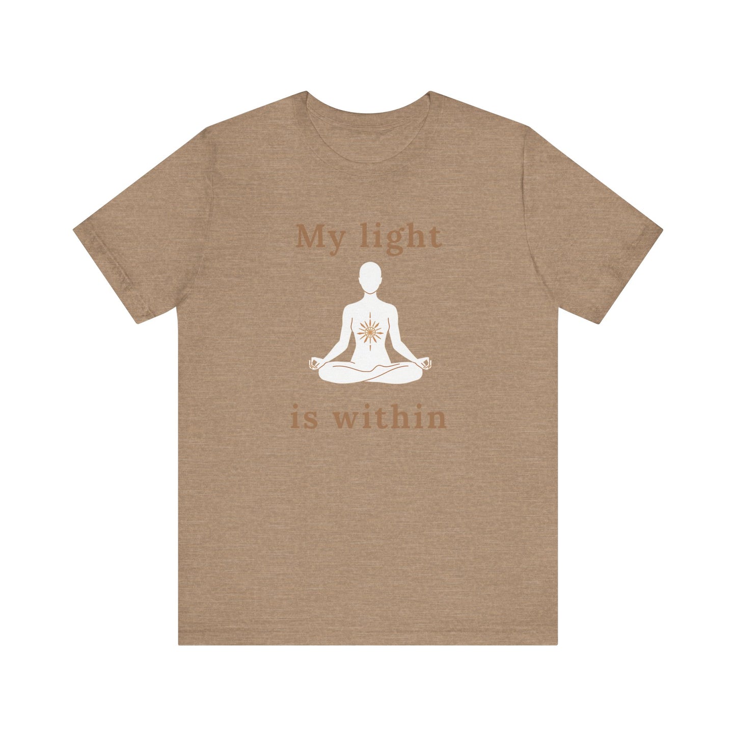 Brown t-shirt with a meditation graphic and text on a white background front view