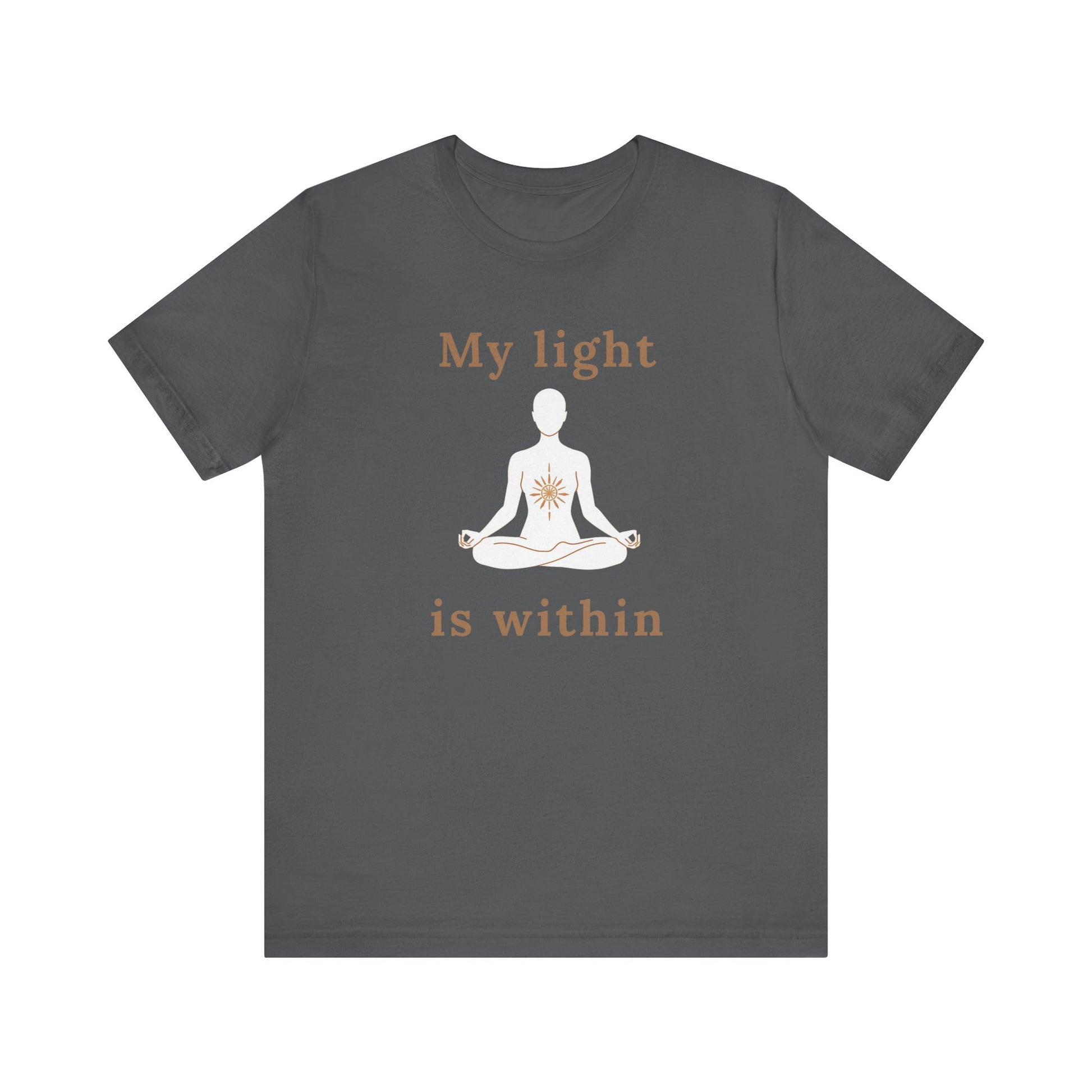 Dark grey t-shirt with a meditation graphic and 'My light is within' text on a white background front view