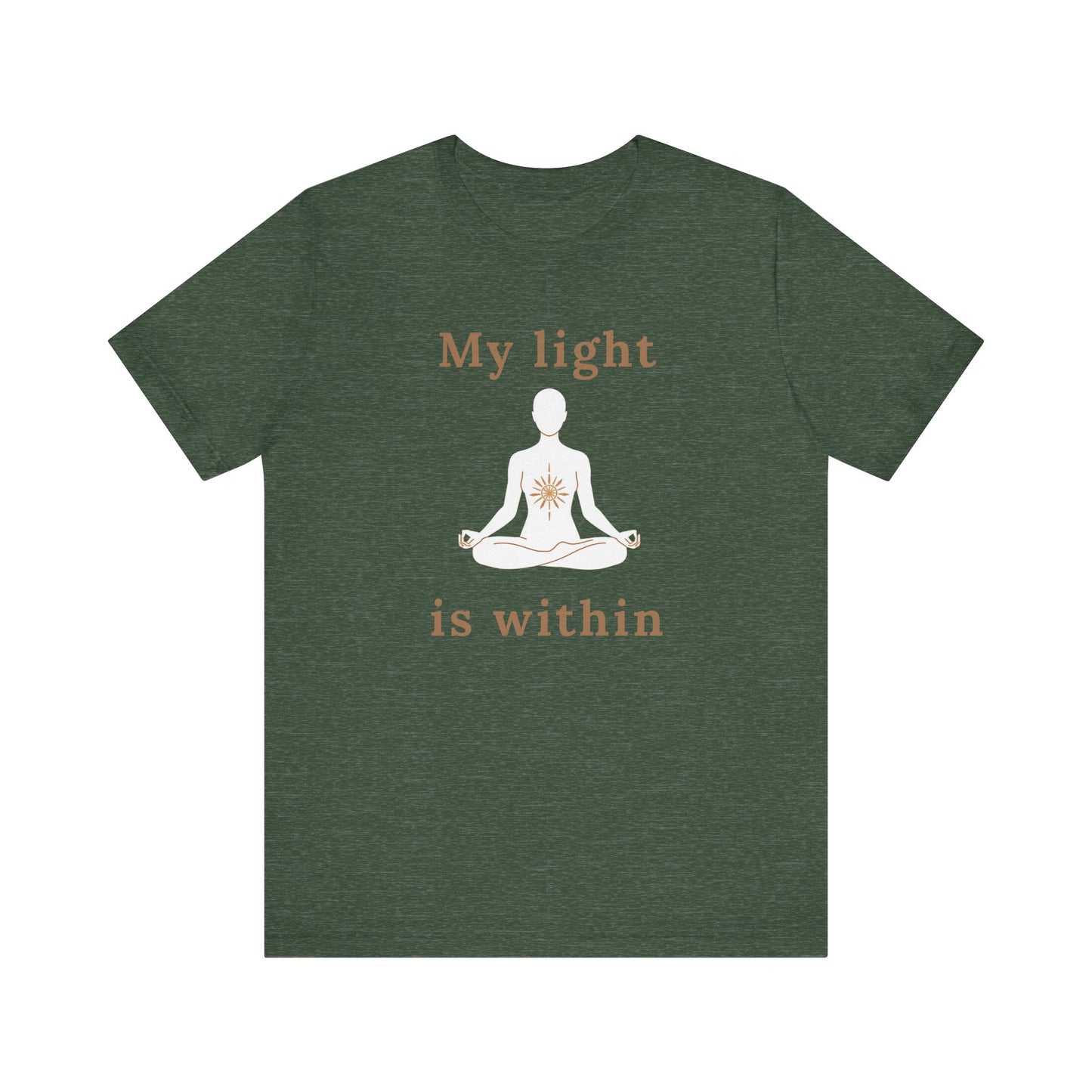 Green t-shirt with a meditation graphic and text 'My light is within' on a white background