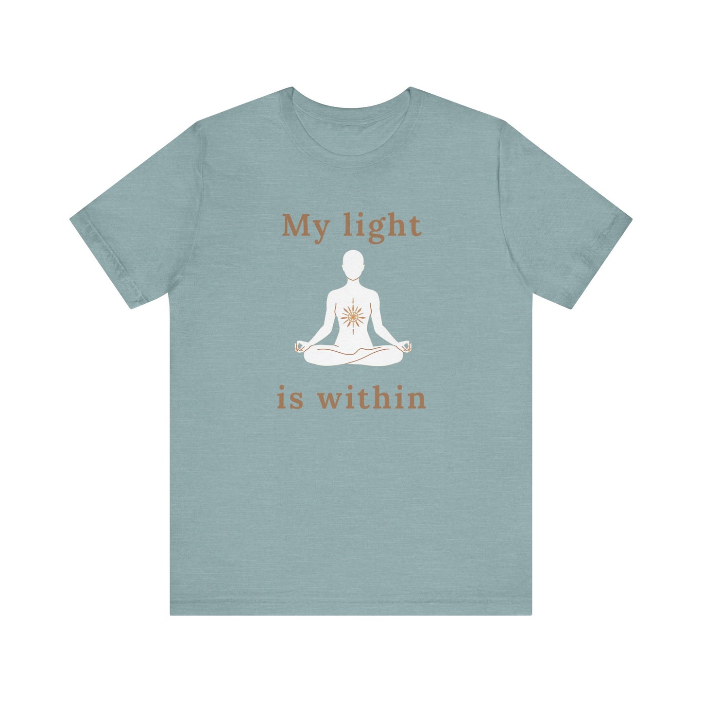 Light blue t-shirt with a meditation graphic and text on a white background front view