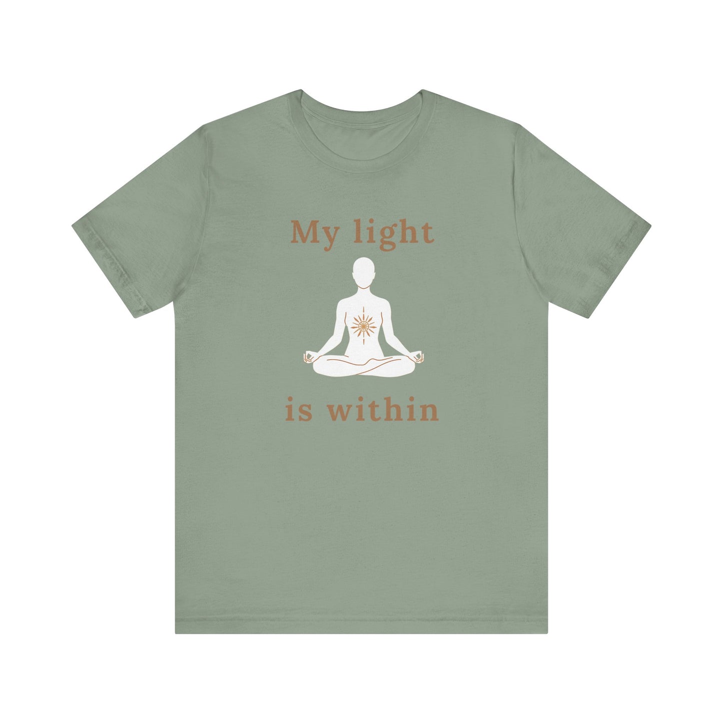 Green t-shirt with a meditation graphic and text on a white background front view