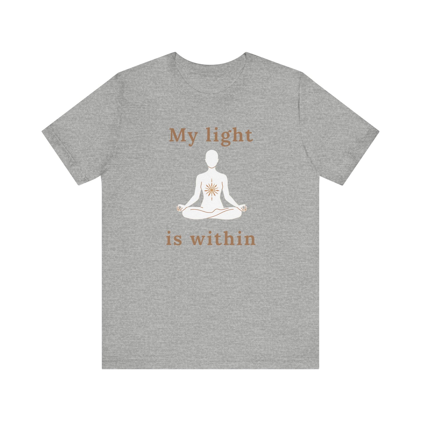 Gray t-shirt with a meditation graphic and 'My light is within' text on a white background front view