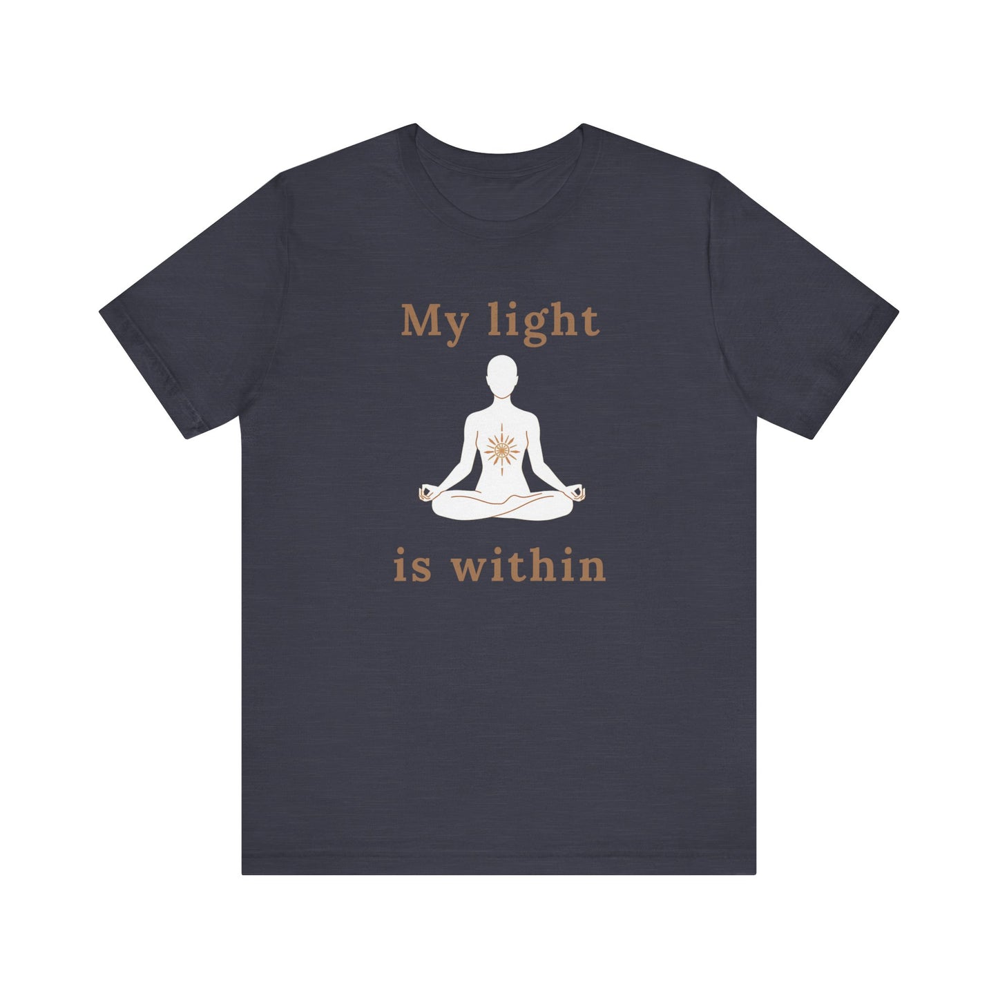 Navy blue t-shirt with a meditation graphic and 'My light is within' text on a white background front view