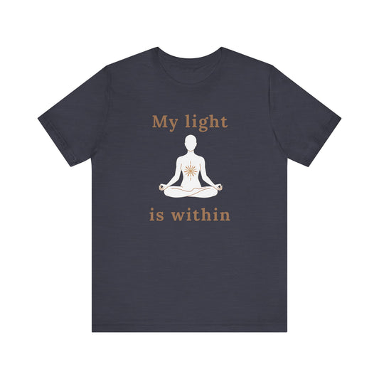 Navy blue t-shirt with a meditation graphic and 'My light is within' text on a white background front view