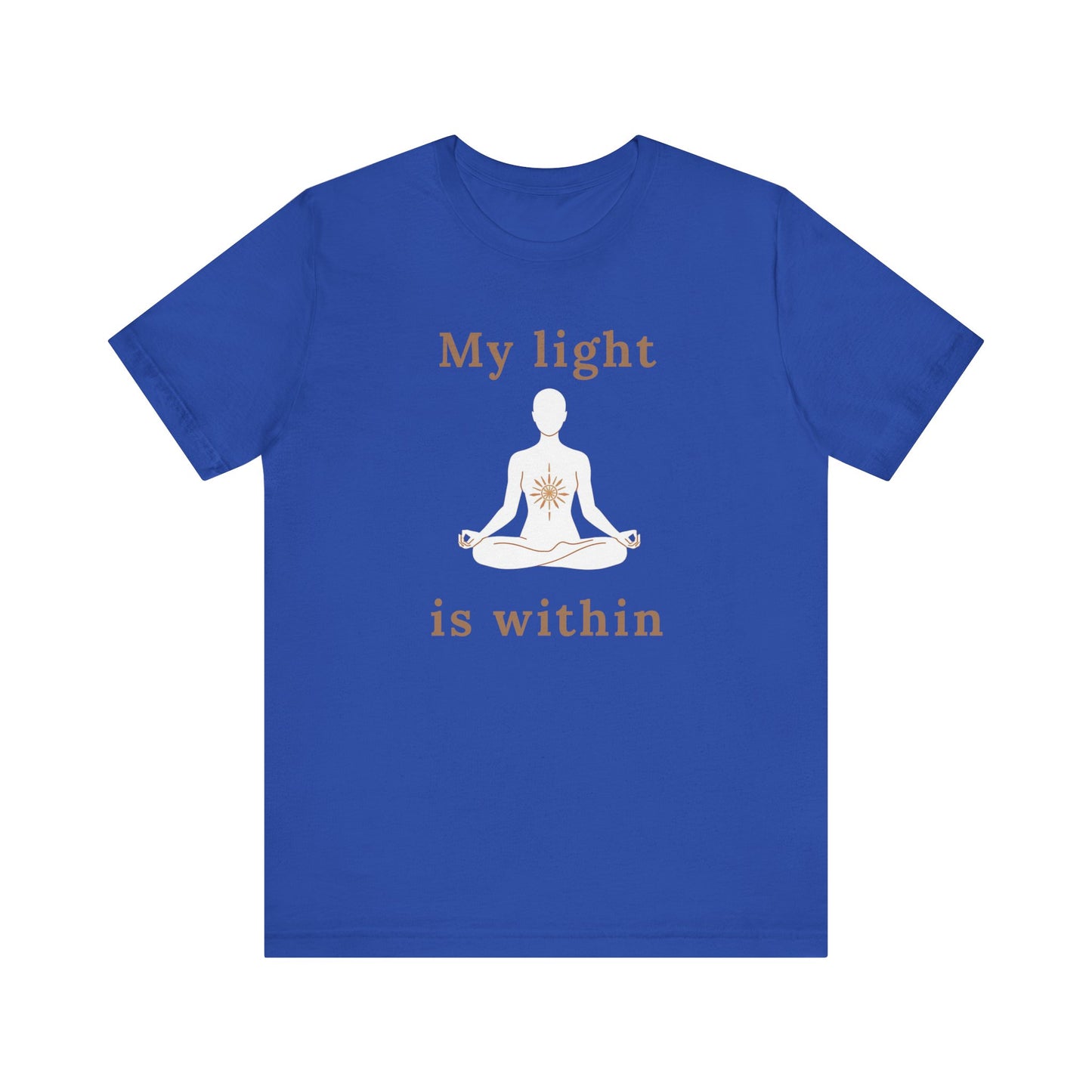 Blue t-shirt with a meditating person graphic and text 'My light is within' on a white background front view