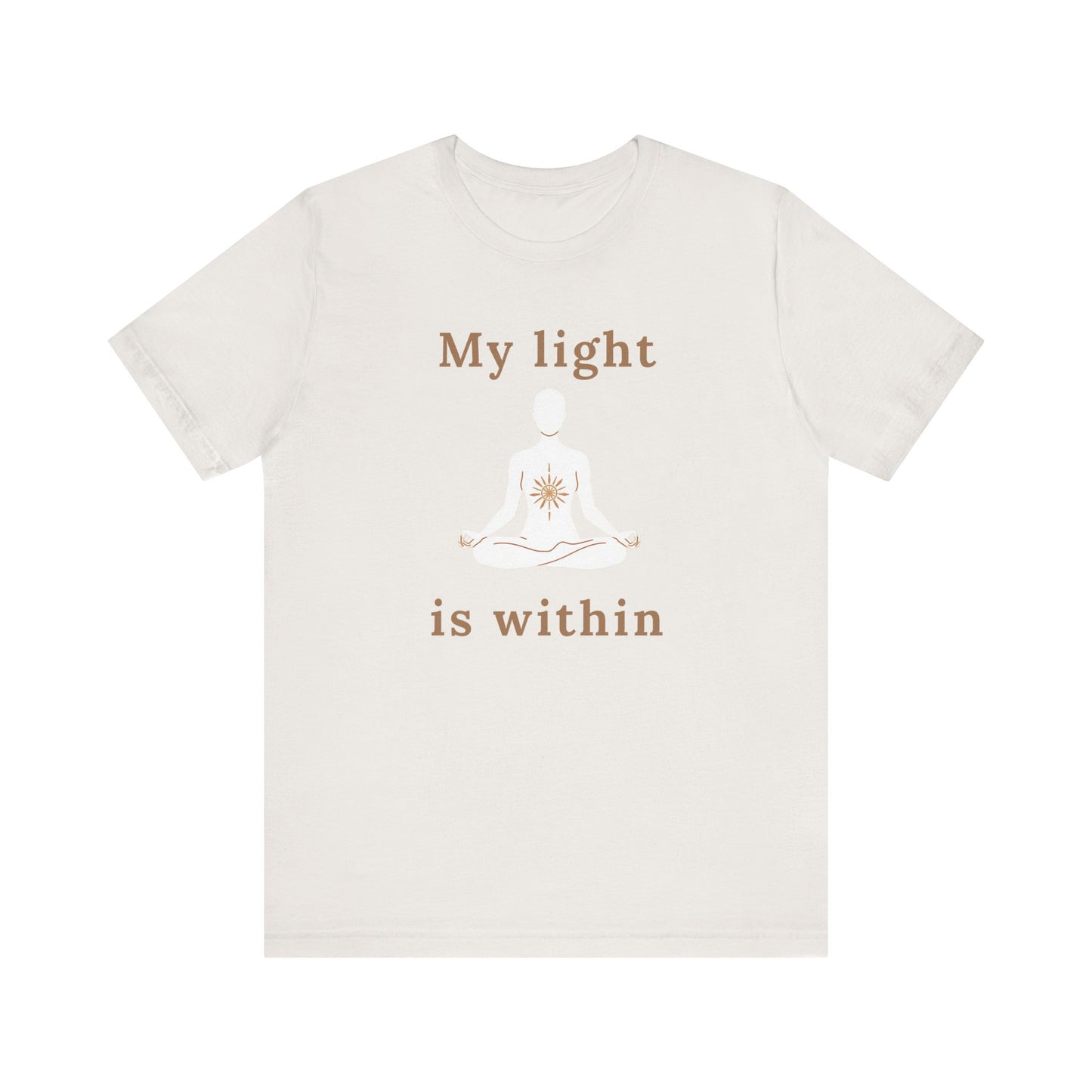 White t-shirt with 'My light is within' text and a light bulb graphic on a white background front view