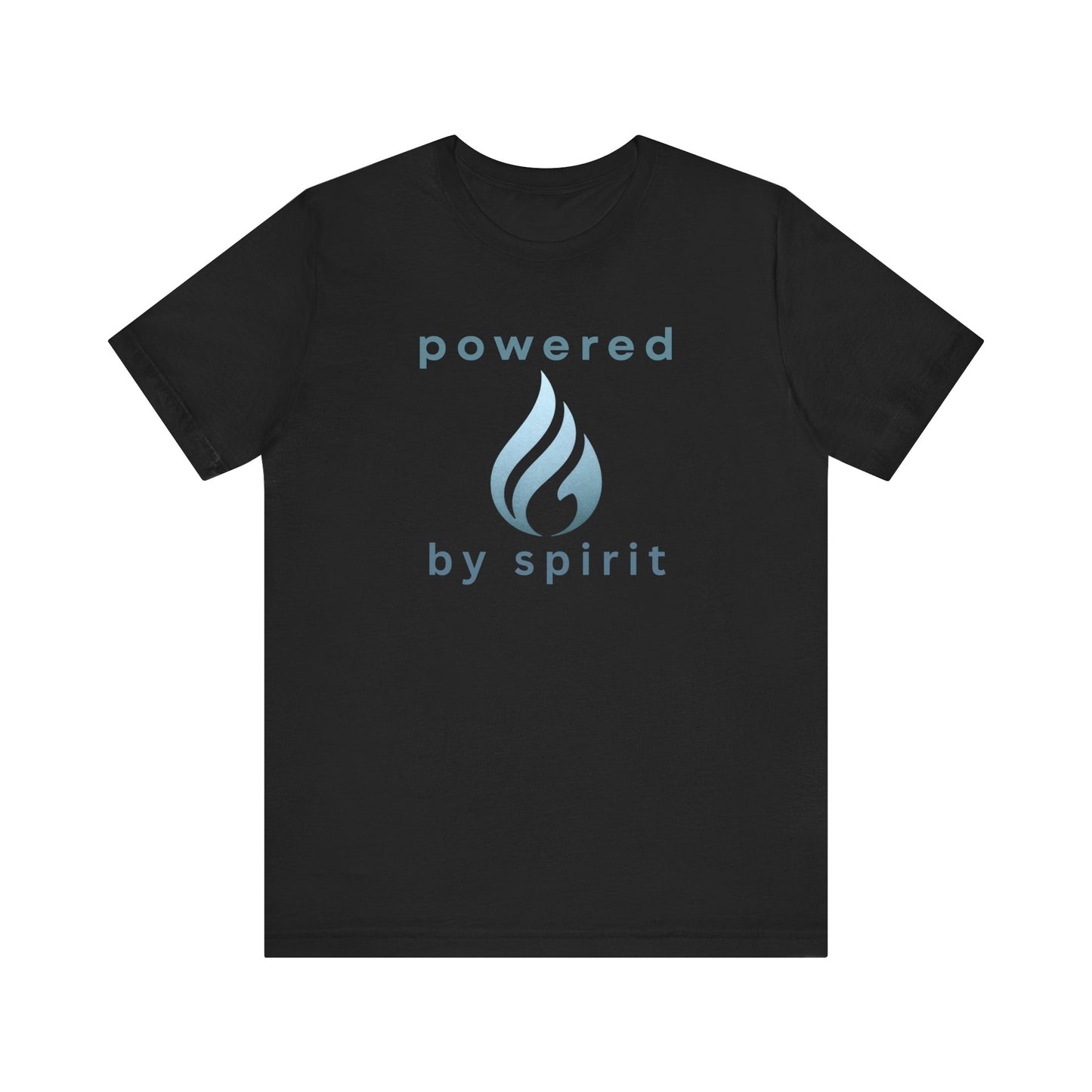 Black t-shirt with 'powered by spirit' text and logo on a white background front view