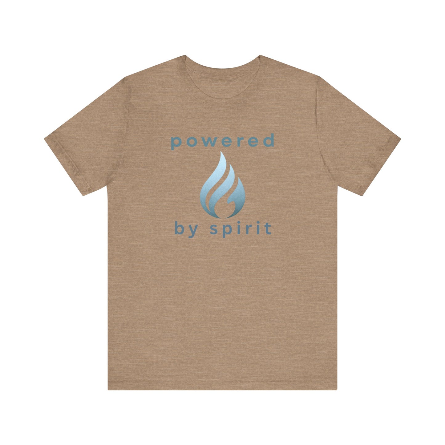 Brown t-shirt with 'powered by spirit' text and logo on a white background front view