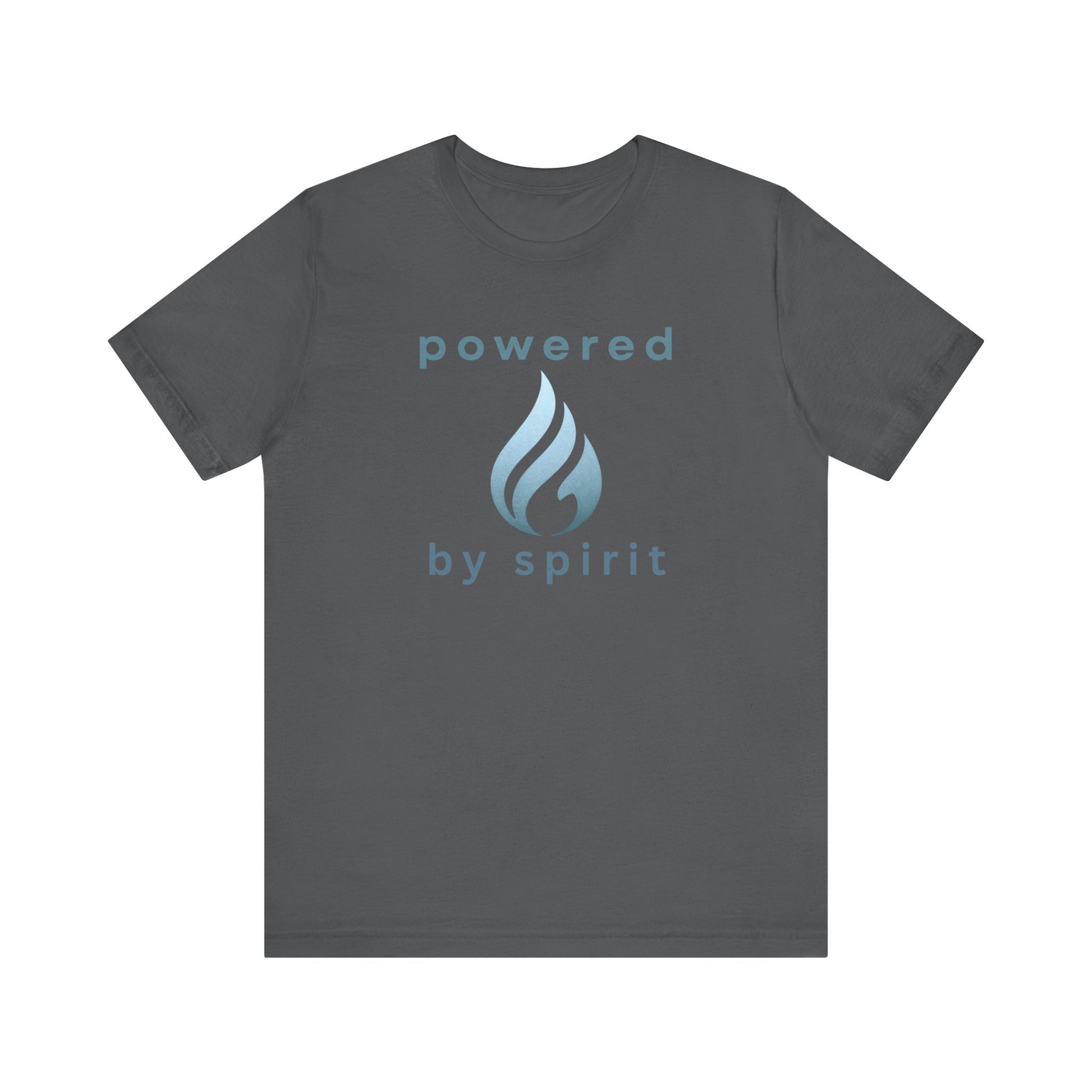 Grey t-shirt with 'powered by spirit' text and logo on a white background front view