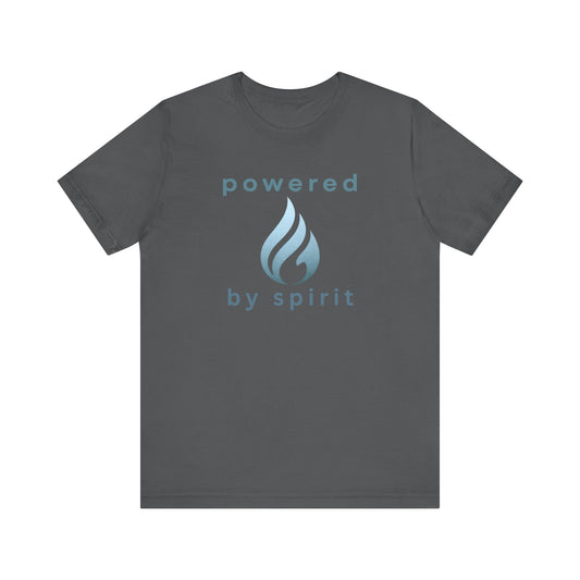 Grey t-shirt with 'powered by spirit' text and logo on a white background front view