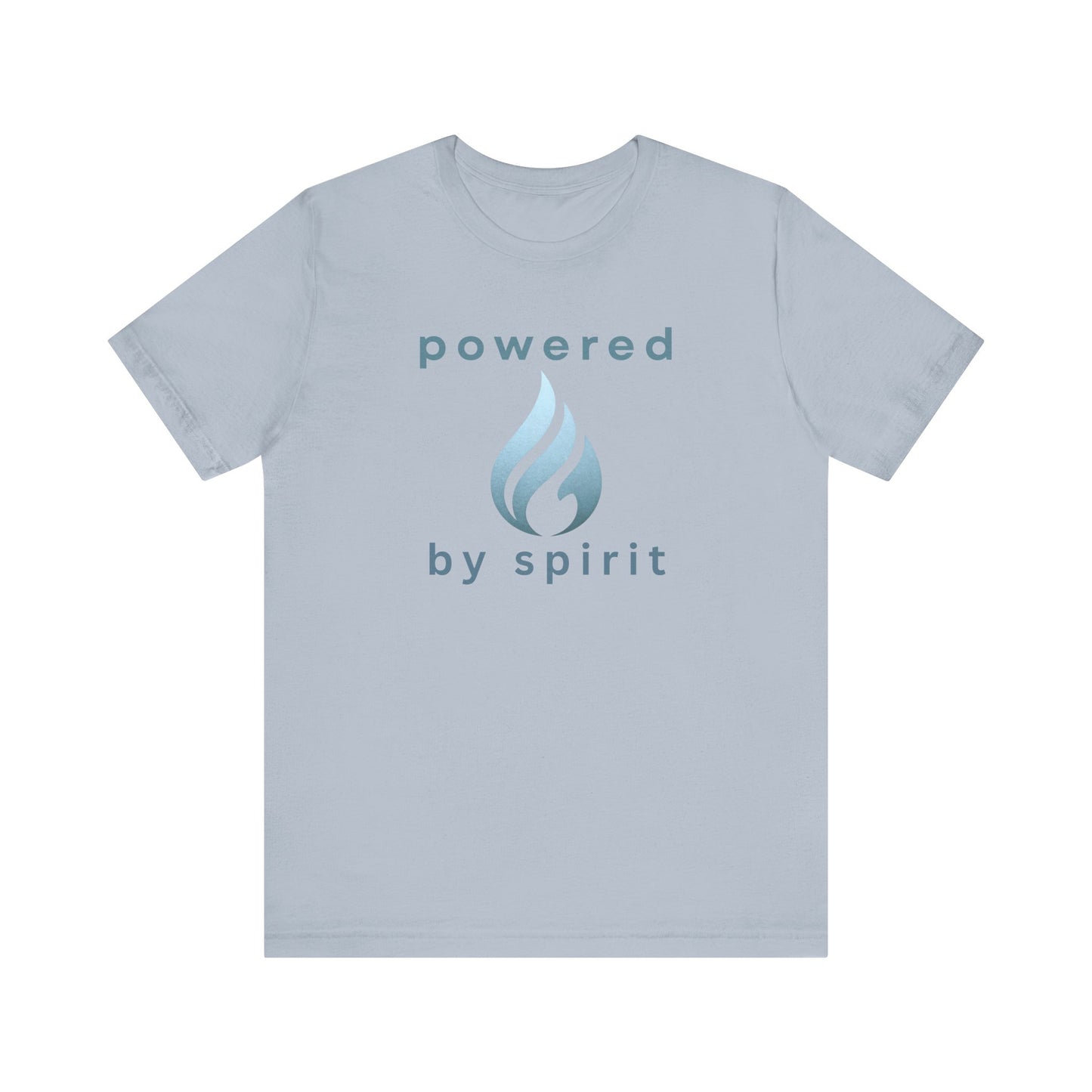 Light blue t-shirt with 'powered by spirit' text and logo on a white background front view