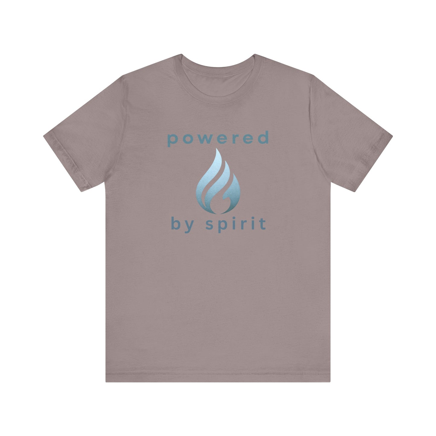 Brown t-shirt with 'powered by spirit' text and logo on a white background front view