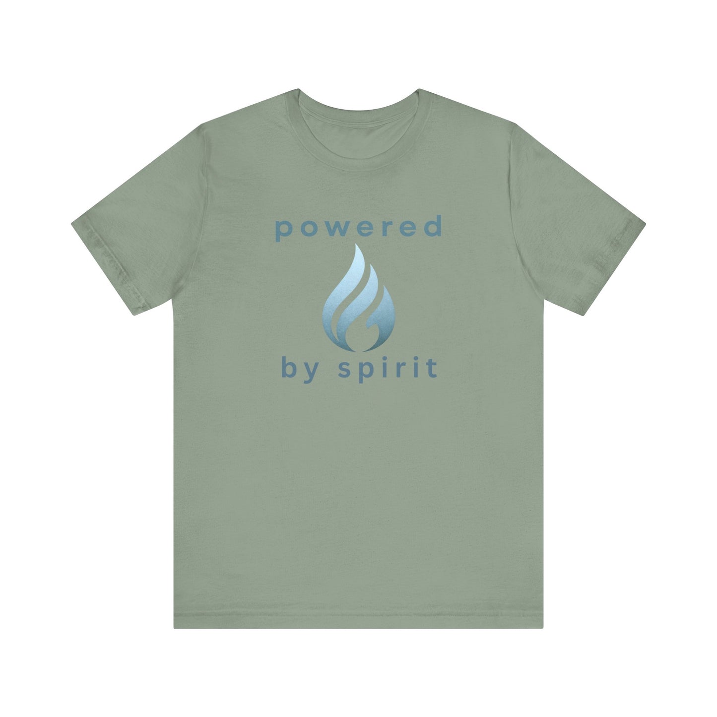 Green t-shirt with 'powered by spirit' text and logo on a white background front view