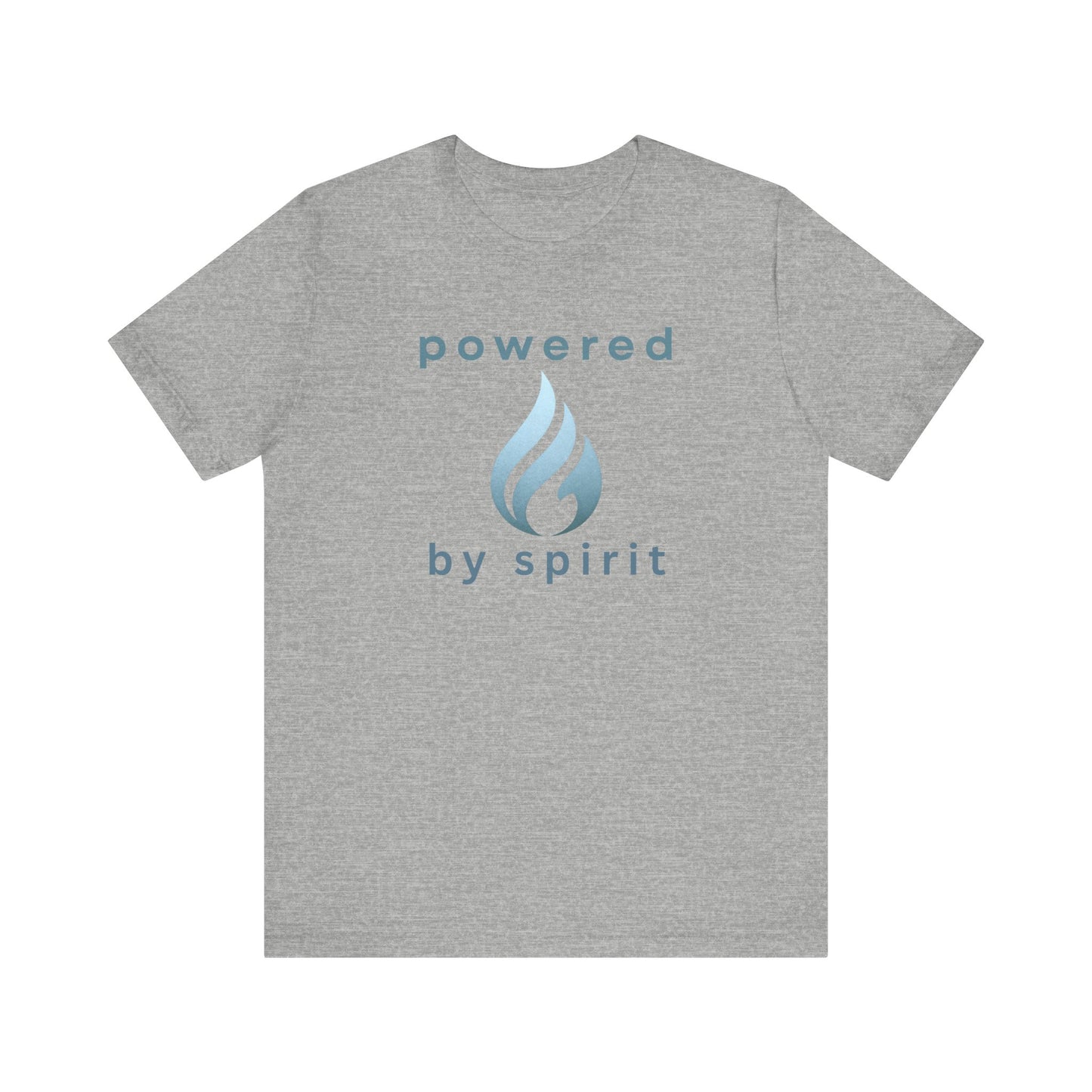 Grey t-shirt with 'powered by spirit' text and logo on a white background front view
