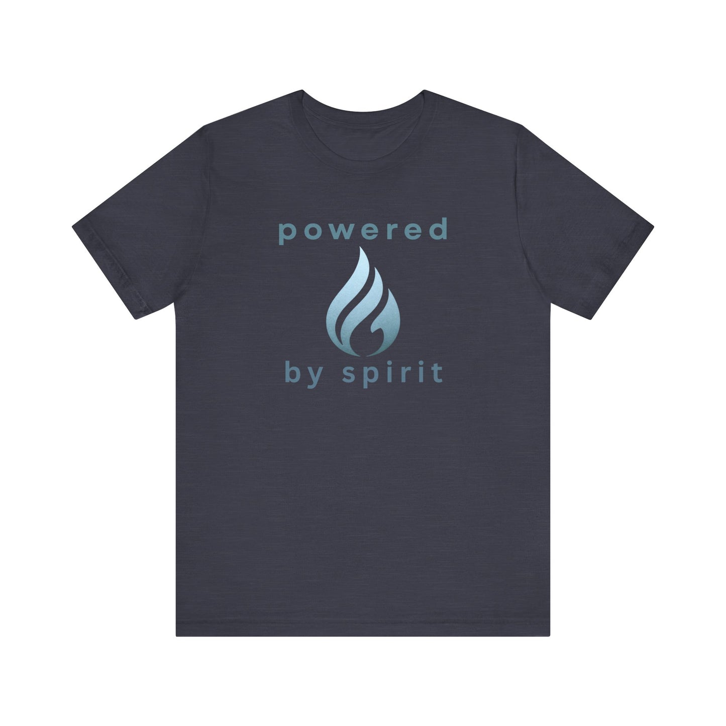Navy blue t-shirt with 'powered by spirit' text and logo on a white background front view
