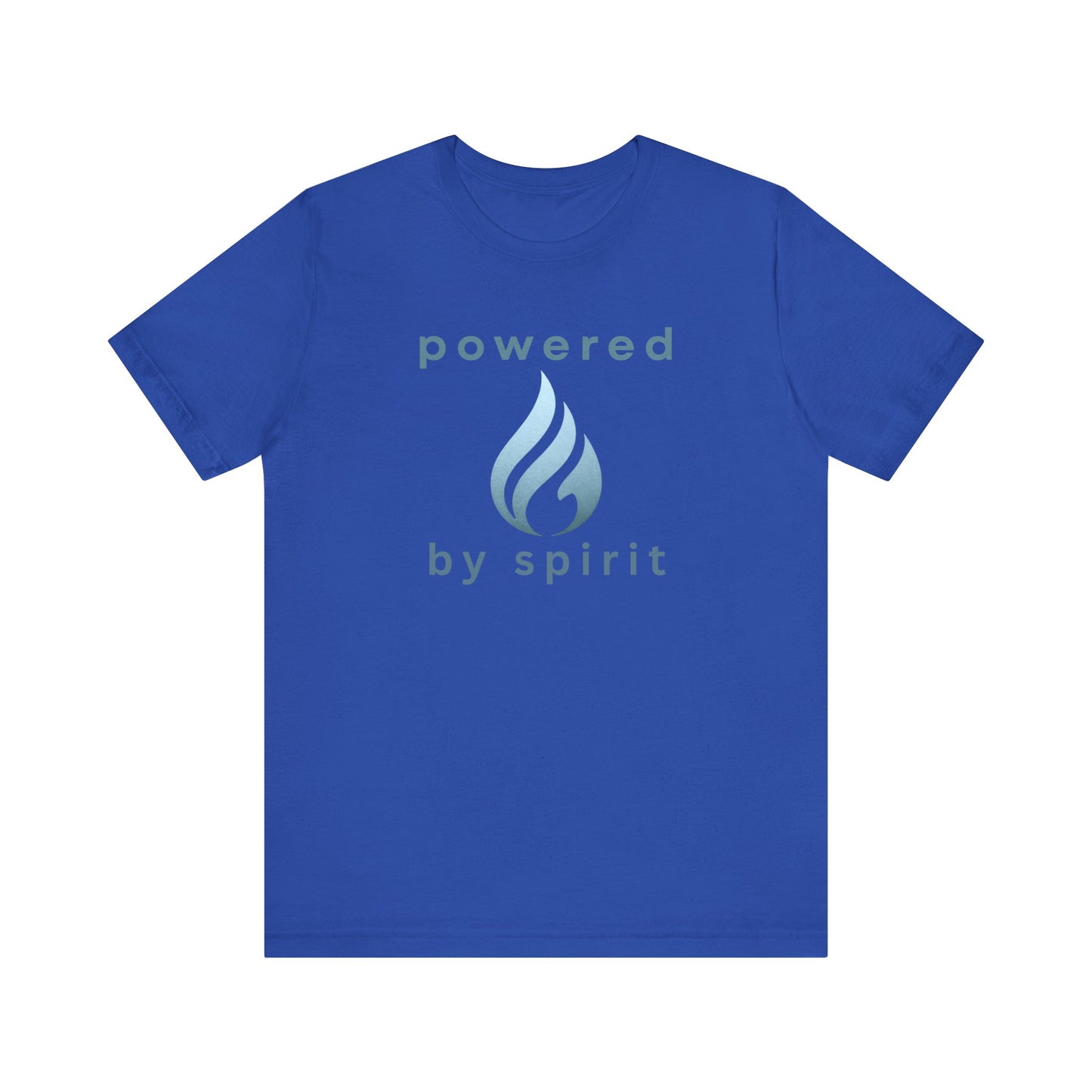 Blue t-shirt with 'powered by spirit' text and logo on a white background front view